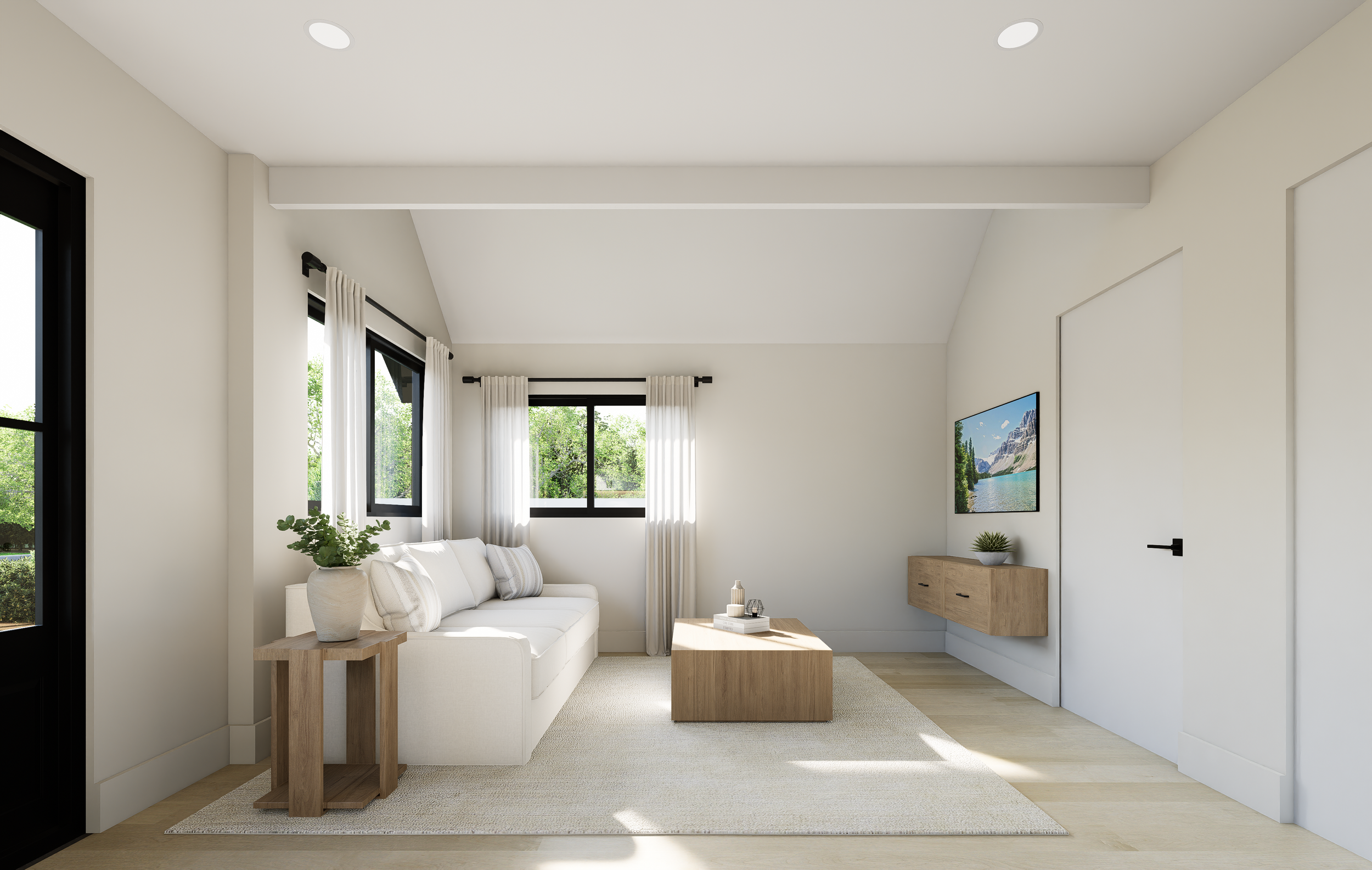 Minimalist living room with a white sofa, wooden coffee table, wall-mounted TV, potted plant on side table, and windows with white curtains.