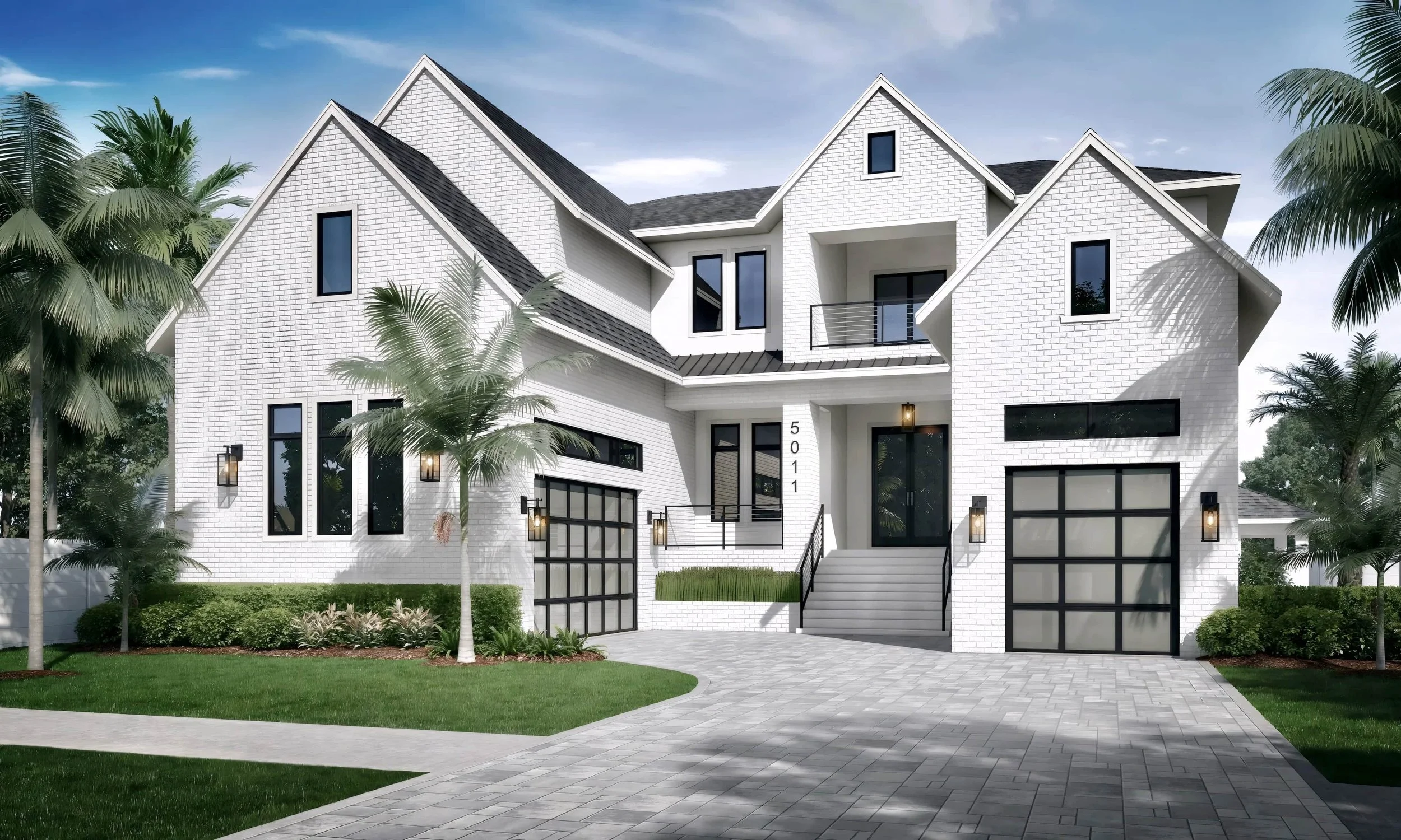 Modern white multi-story house with black-framed windows and garage doors, surrounded by palm trees and landscaped lawn, under a partly cloudy sky.