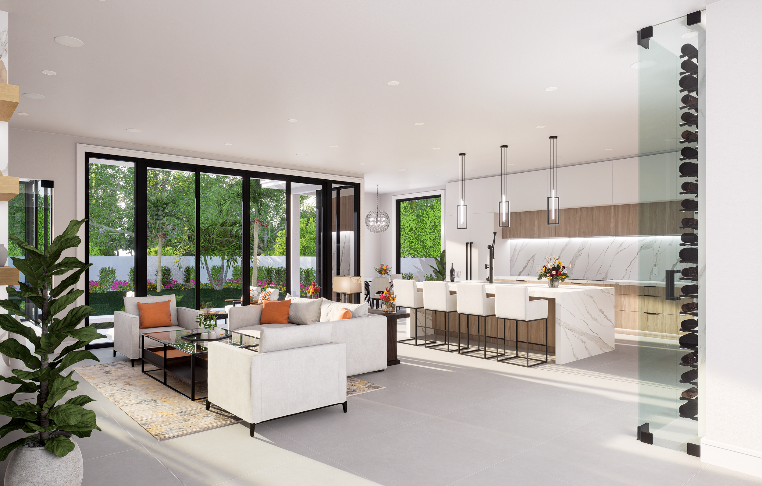 Modern open-plan living room and kitchen with white and wood decor, large glass doors leading to a garden, pendant lights, a wine rack, and comfortable seating.
