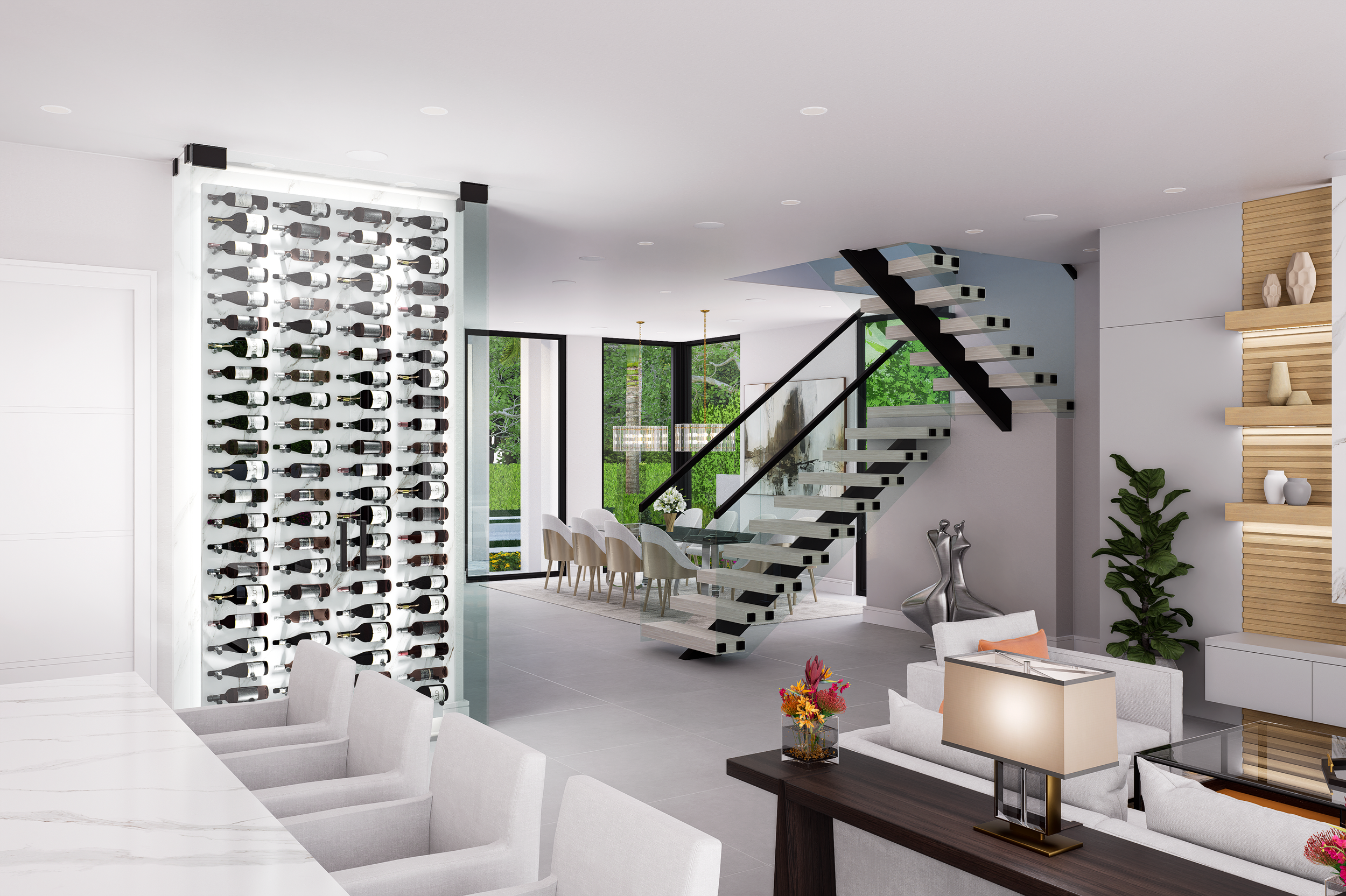 Modern living room with glass wine rack, staircase, dining area, and contemporary decor.