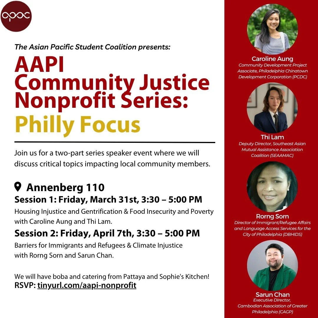HAPPENING IN AN HOUR!!
Today at 3:30-5:00 PM
Barriers for Immigrants and Refugees
Climate Injustice

Location: Annenberg 110, Annenberg School for Communication (3620 Walnut Street).

RSVP: tinyurl.com/aapi-nonprofit

Join us for a two-part series sp
