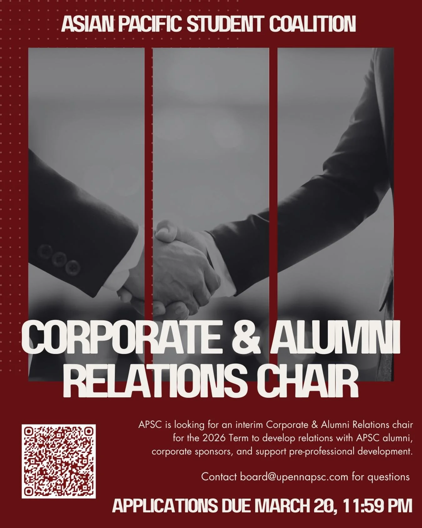 APSC is looking for an interim Corporate and Alumni Relations Chair for the 2026 term! Duties will include developing and maintaining relations with APSC and UPAAN alumni, partnering with corporate partners and sponsors, and developing pre-profession