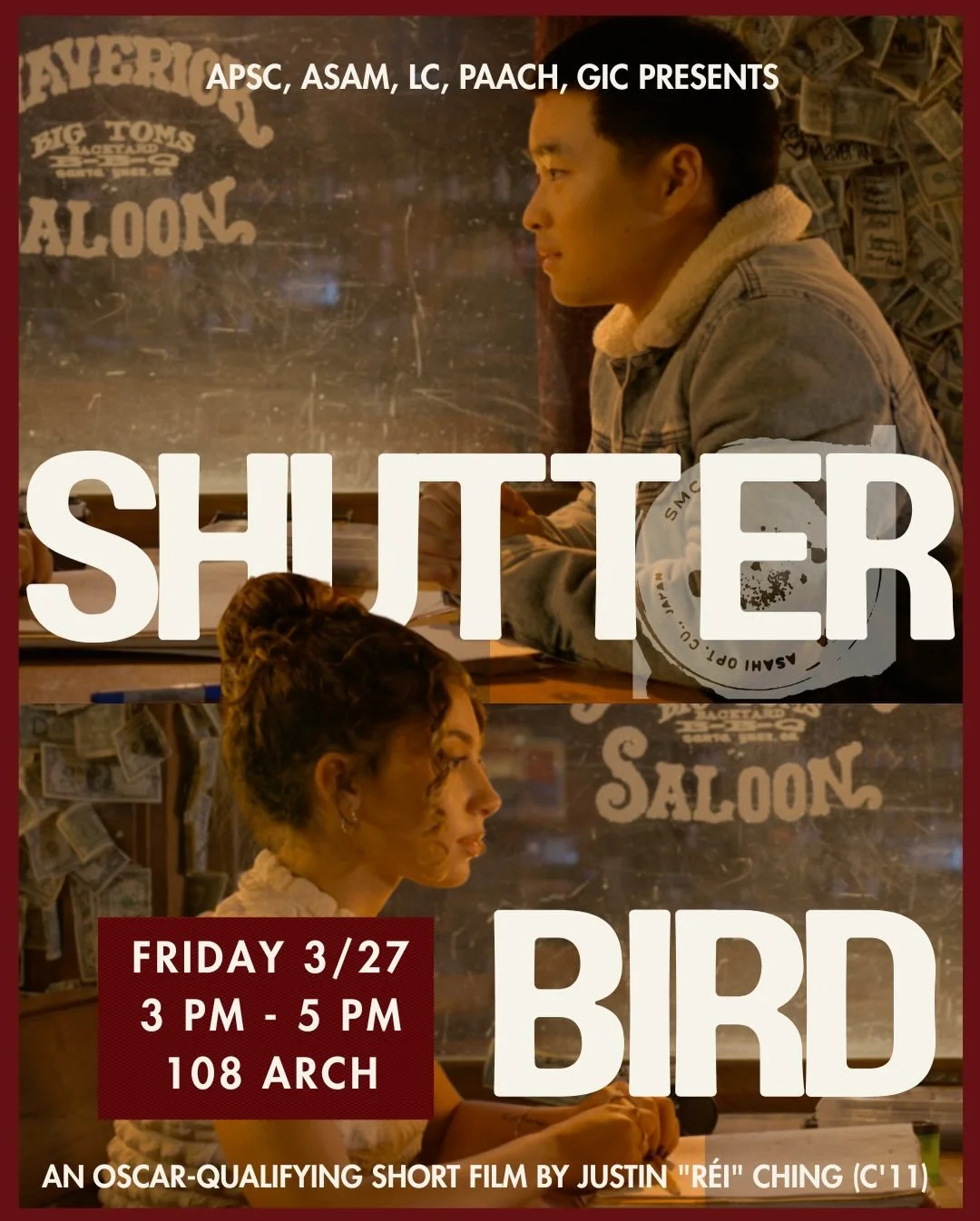 Join us March 27th from 3pm-5pm in ARCH 108 to watch an OSCAR QUALIFYING SHORT FILM by JUSTIN &ldquo;R&Eacute;I&rdquo; CHING! 🍿🎥🎬📀 This will be a wonderful experience, don&rsquo;t miss out!!