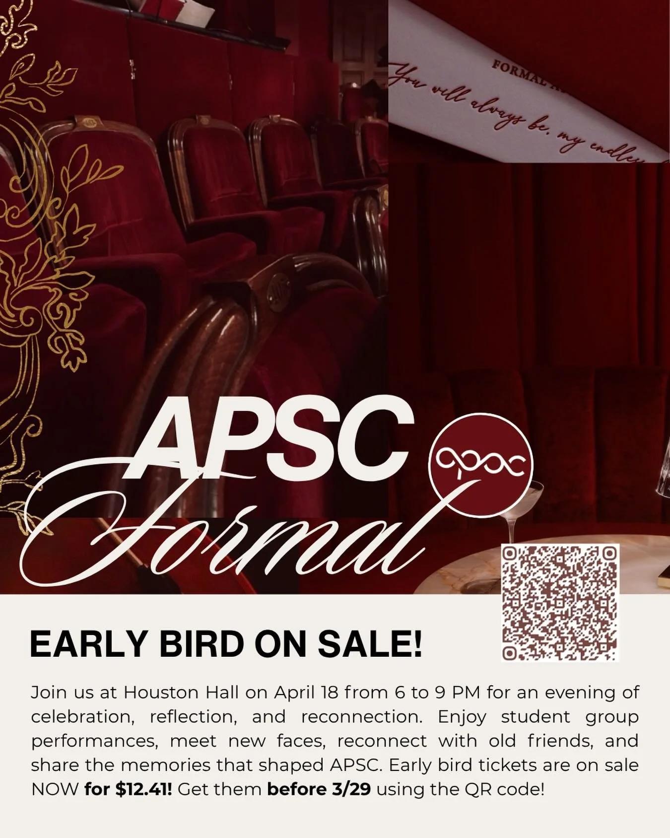 !! EARLY BIRD TICKETS END IN 3 DAYS!! Get tickets to the APSC 30th Anniversary Formal NOW for only $12.41 until March 29th! Buy tickets through the QR code or the link in bio &hearts;️ See you all there!