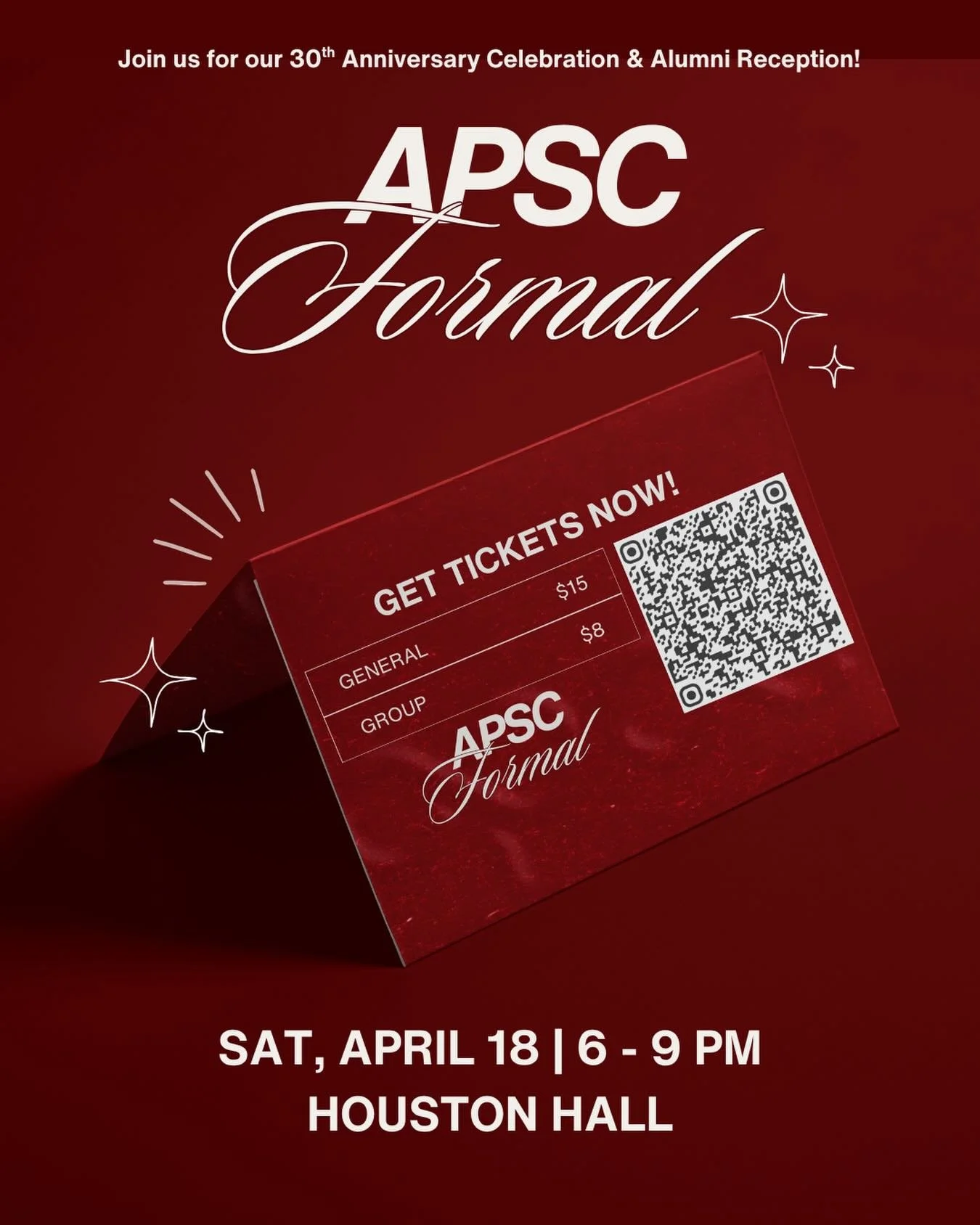 ˙⋆✮ Buy your tickets to the APSC 30th Anniversary Formal &amp; Alumni Reception NOW using the QR code or link in bio! General admission is $15 and group tickets for 5+ students are $8. Only two weeks left so get them now! 

See you there for an amazi
