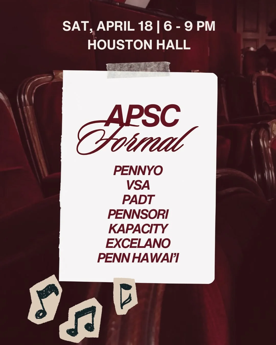 HERE IT IS!!! Our AMAZING performance lineup for the APSC 30th Anniversary Formal and Alumni Reception! This spectacular lineup of 7 groups include PennYo, VSA, Pan Asian Dance Troupe, and much more! 

Get HYPED for live music and DAZZLING performanc