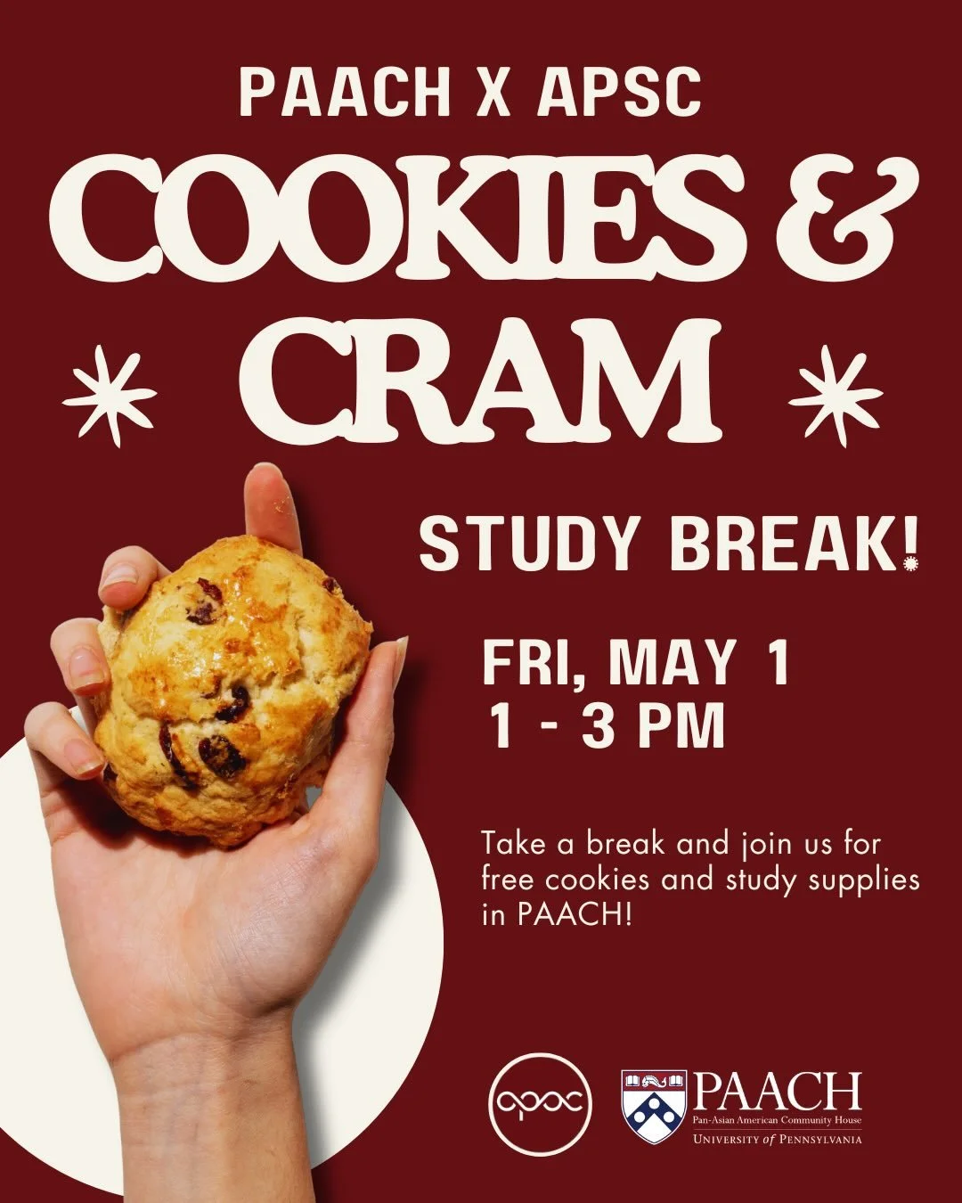 Stressed for finals? Join APSC and PAACH for a study break and get FREE cookies and study materials on Friday, May 1 from 1-3 PM in PAACH! Materials include post-it notes, drawstring bags, colored pens, and more! See you all there 🍪