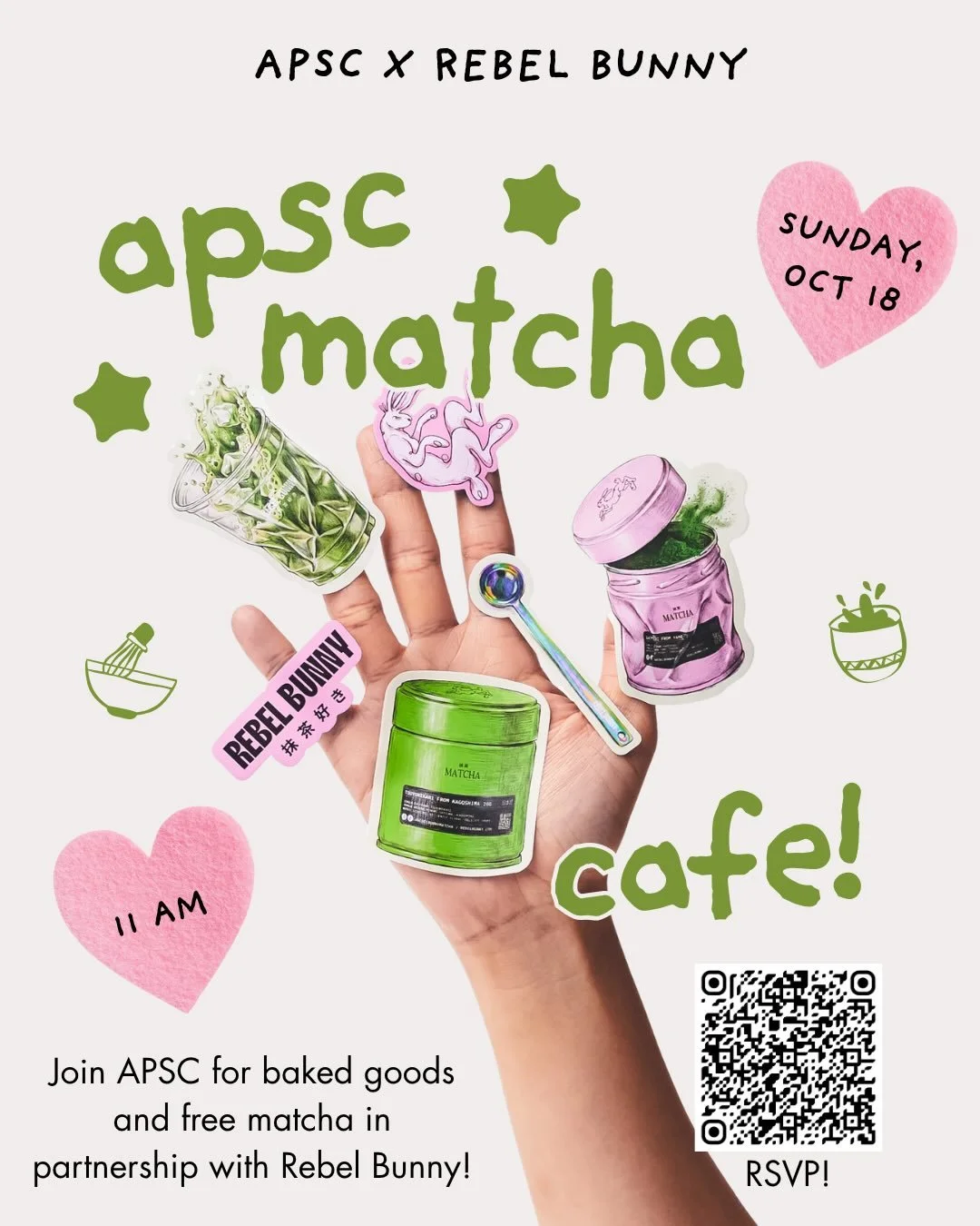 Join us for some baked goods and free matcha with Rebel Bunny next Sunday, October 18th at 11am!! We will also have limited amount of matcha tins available for purchase so&hellip;make sure to RSVP and come! See you there for some good matcha! 🩷🍵 💚