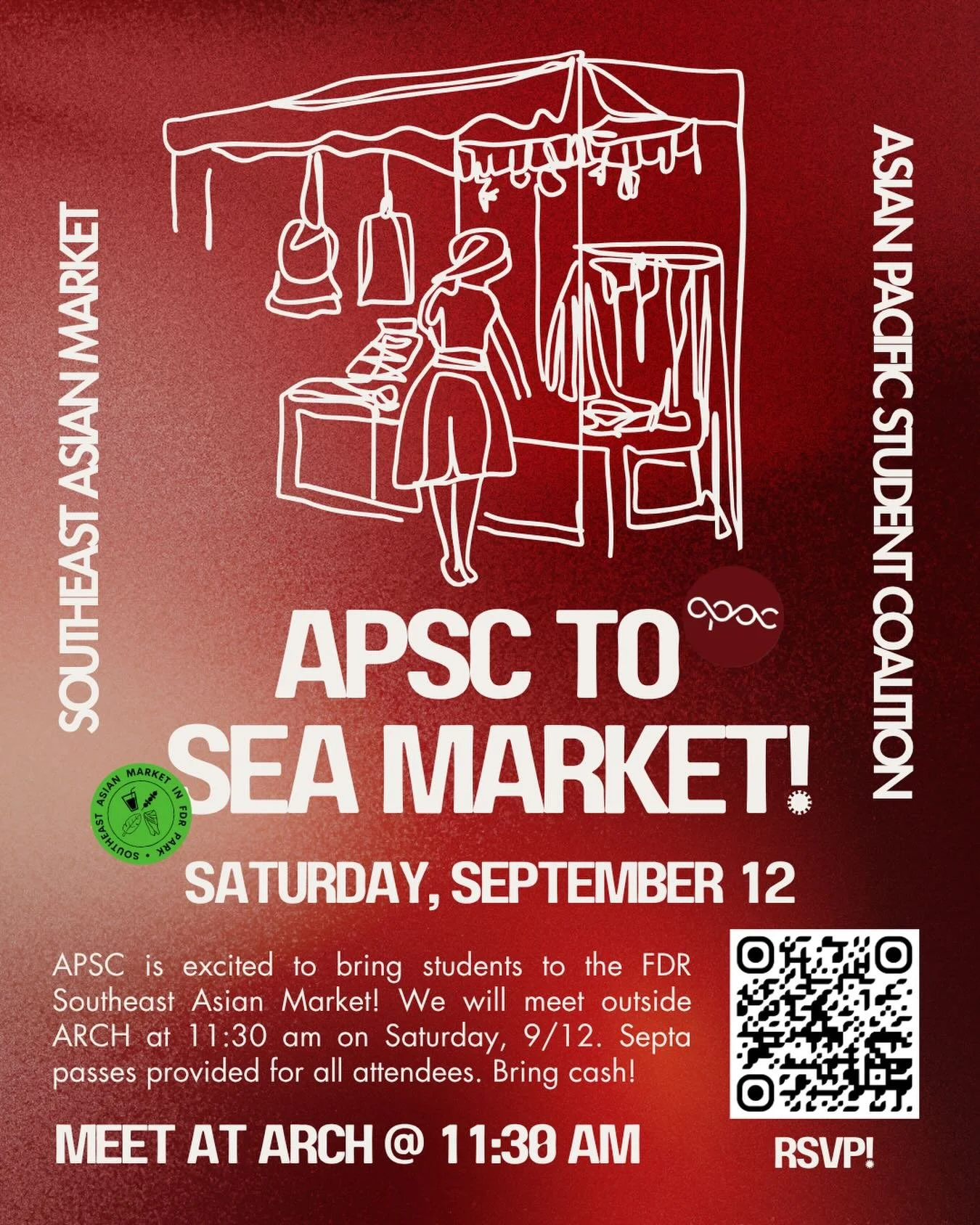 Welcome to the API community at Penn, new students! APSC is excited to bring new and returning students to the Southeast Asian Market in FDR Park on Saturday, September 12! We will first meet at ARCH at 11:30 AM and take SEPTA there. SEPTA passes are