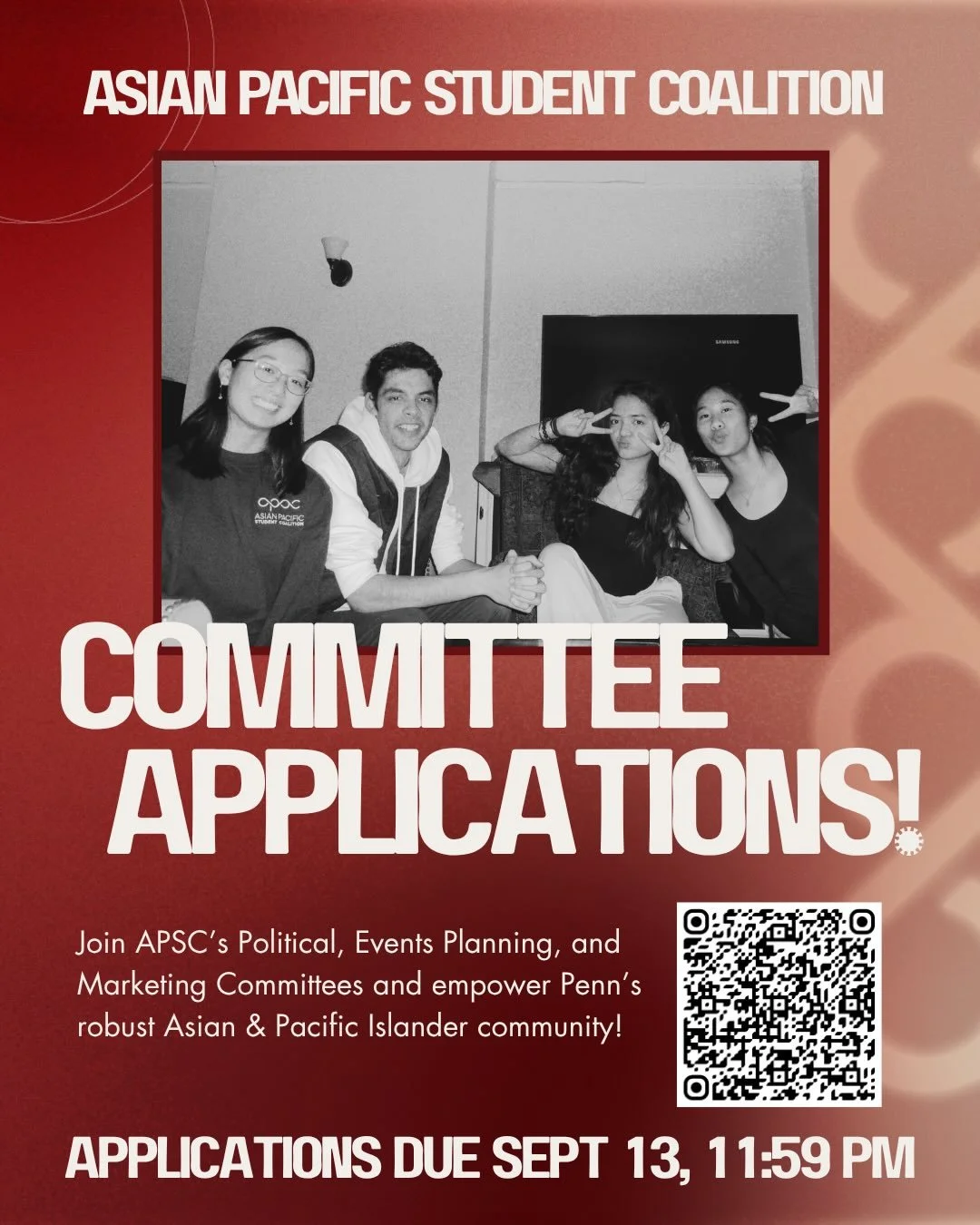 APSC&rsquo;s Fall 2026 recruitment schedule is LIVE! Apply now for our Events Planning, Political, or Marketing Committees to get involved in uplifting Penn&rsquo;s API community! Apply via the QR code or the link in bio.

If you are interested in an
