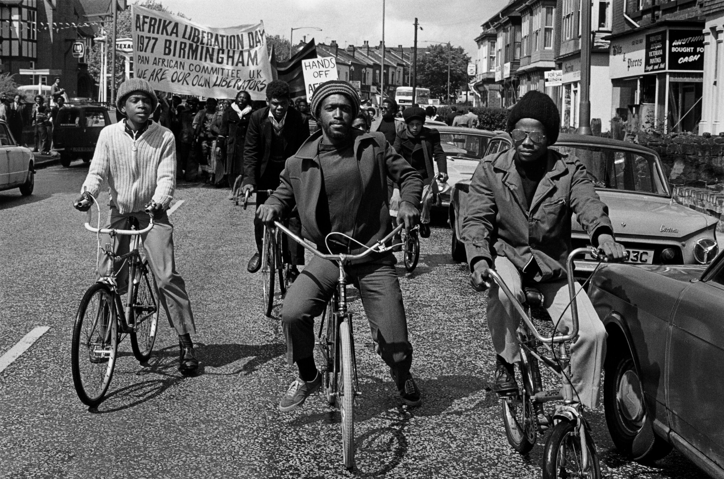 Out-riders head the Africa Liberation Day rally, Rookery Road, Handsworth. 1977..jpg