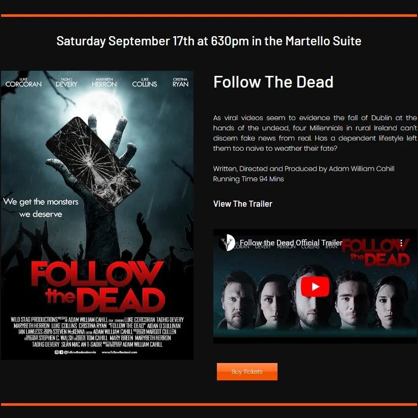✨📽 FOLLOW THE DEAD screens in DUBLIN this weekend! 📢✨

This Saturday, Sep 17th at 6:30pm, the @undergroundcinemaireland will host Follow the Dead in the amazing Martello Suite of the incredible @royalmarinehotel in Dun Laoghaire 🎭🏰 

Once again w