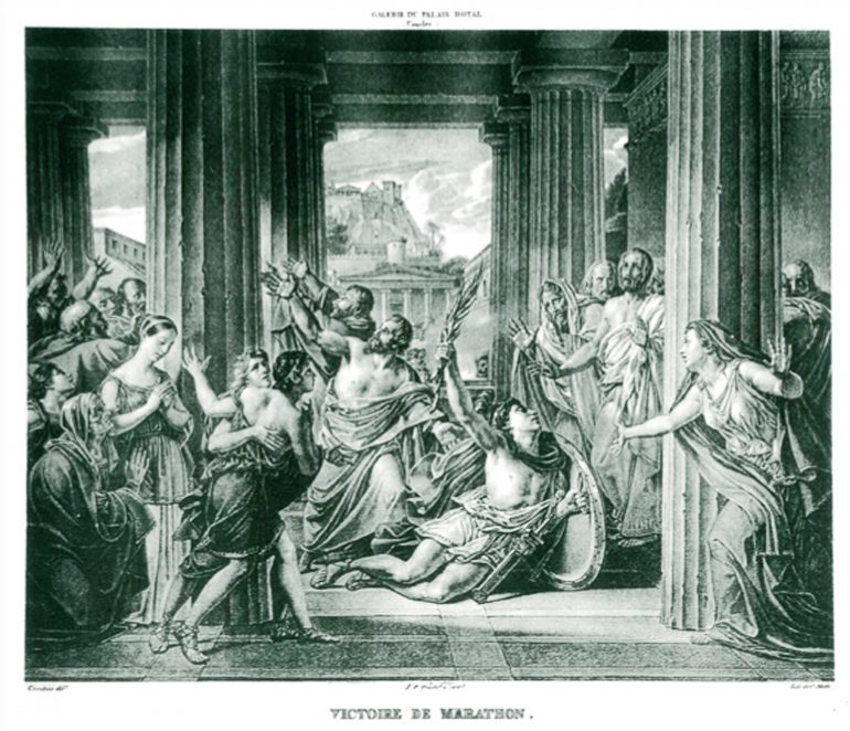 Pheidippides falling to his death after announcing the Greek victory over the Persians.