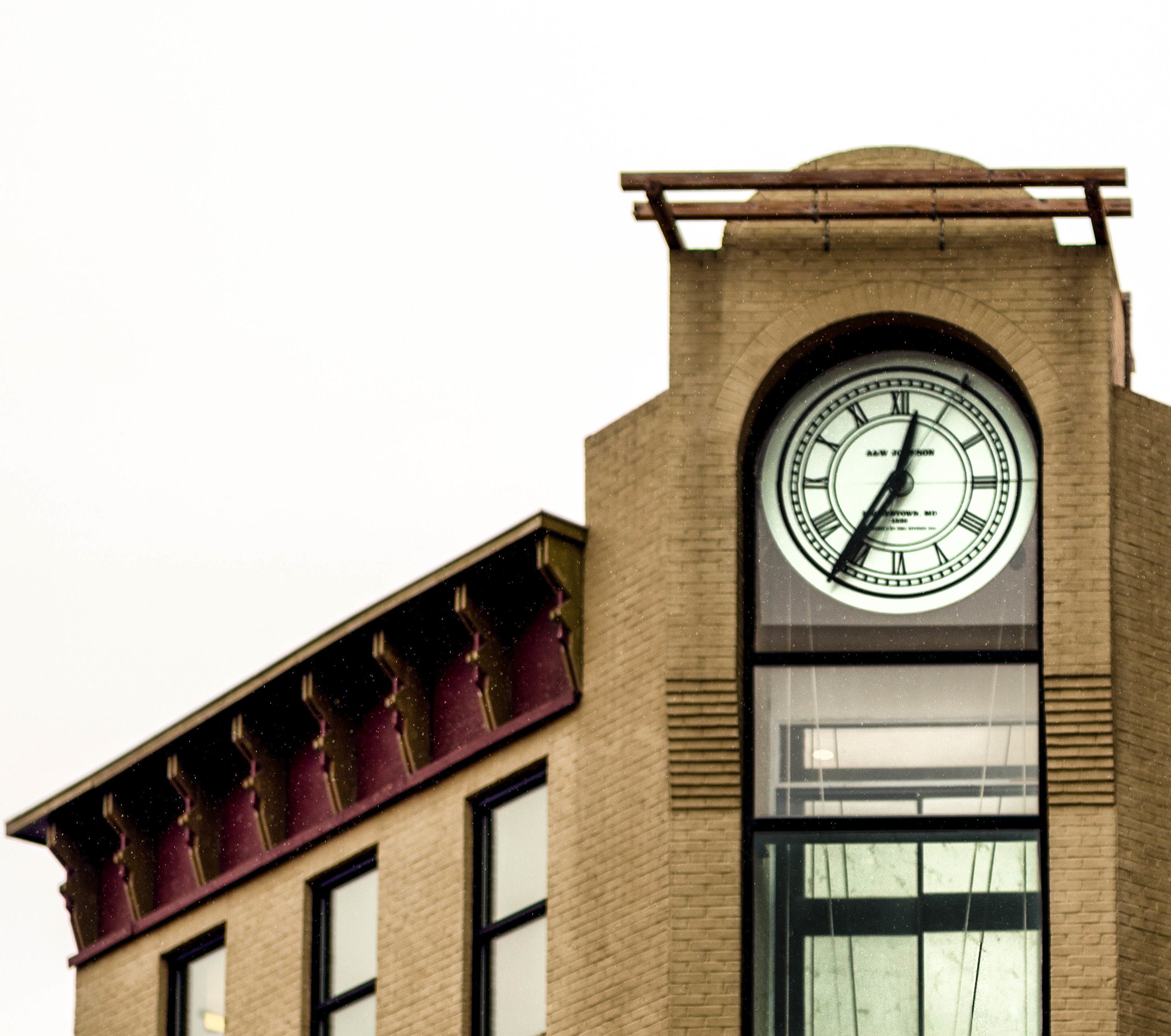 Photograph of A&W Clock in the clocktower building on Potomac Street, Hagerstown, MD by John Canan March 2018