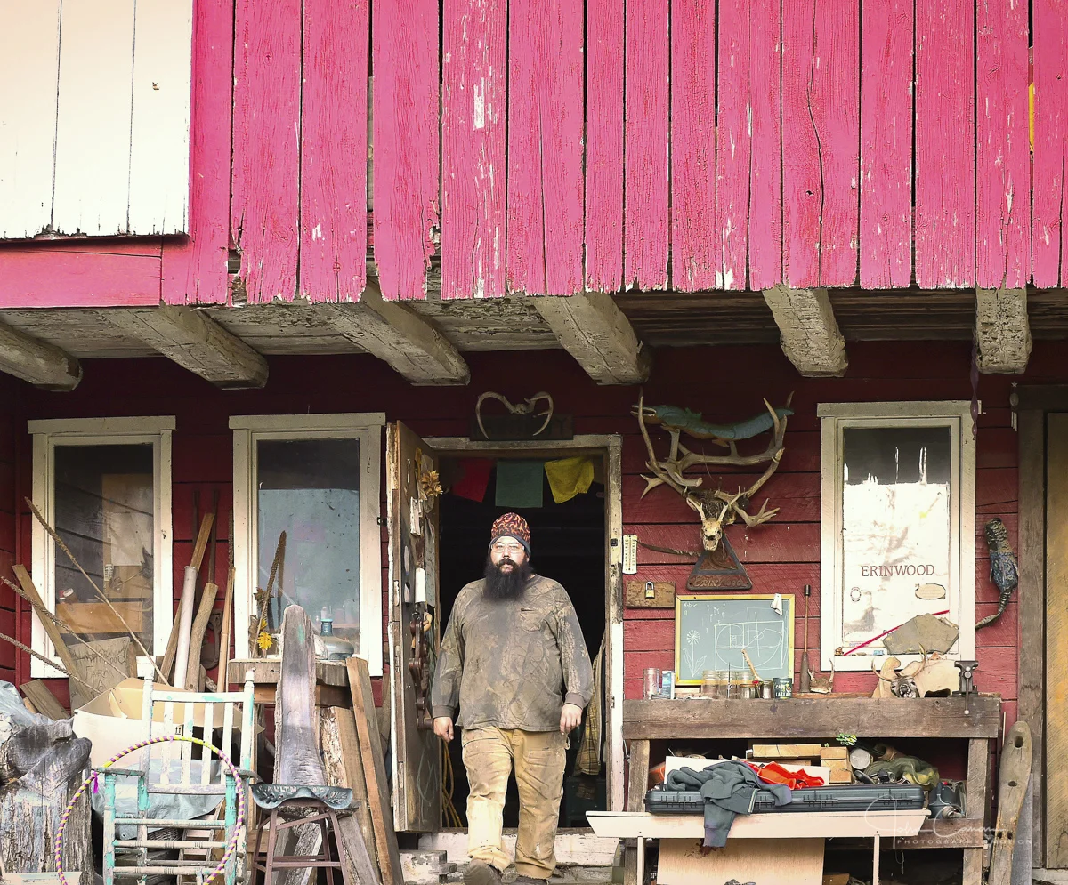 Stepping out of his Myersville, MD woodworking shop preparing to start a project in his Blacksmith Forge at Hawkwood Mountain Farm, Myersville, Maryland