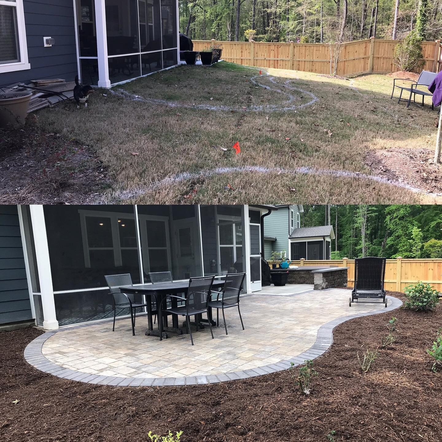 Before &amp; After of a recently completed project in the Canterbury subdivision in Durham, NC.  #terrascapesnc #retainingwalls #retainingwalldesign #unitpaving #landscapeconstruction #contractorsofinsta #landscape #belgard #rockwoodwalls #hardscapes