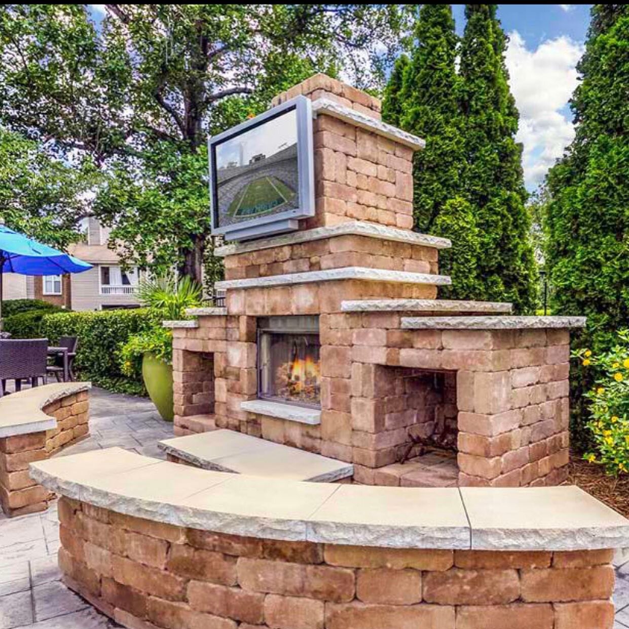 This is a fireplace and stamped concrete project we completed about 6 years ago at Camden Fairview apartments in Charlotte, NC.  #terrascapesnc #retainingwalls #retainingwalldesign #unitpaving #landscapeconstruction #contractorsofinsta #landscape #be