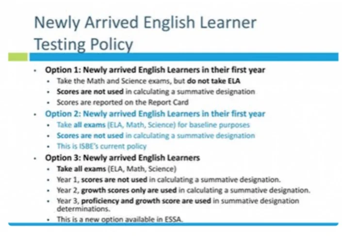 There was conversation about the impact duration of the services that newly arrived students receive vs. the measured impact timeframe; There was also good discussion around offering testing options in native languages to test the actual subject level knowledge vs. ESL. For gifted students that are non-native speakers, it is much harder to be identified as gifted and to receive differentiation. The testing in native language may help identification.