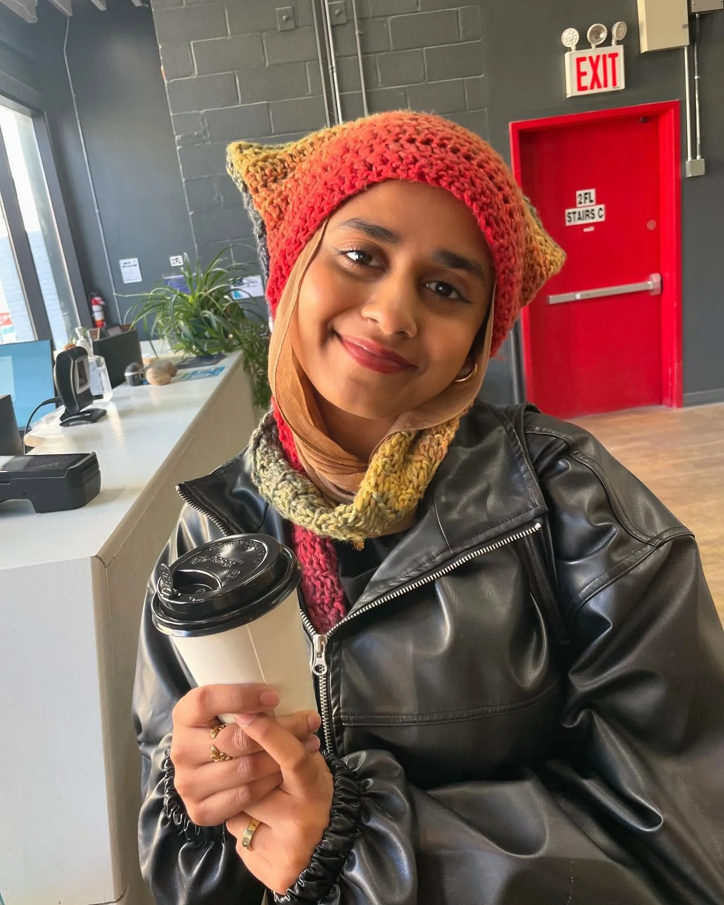 Kadeeja&rsquo;s crochet piece!! Let me know if you like this yarn and I can make you one&hellip;it&rsquo;s a sort of ombr&eacute; red to yellow to blue&hellip;$25