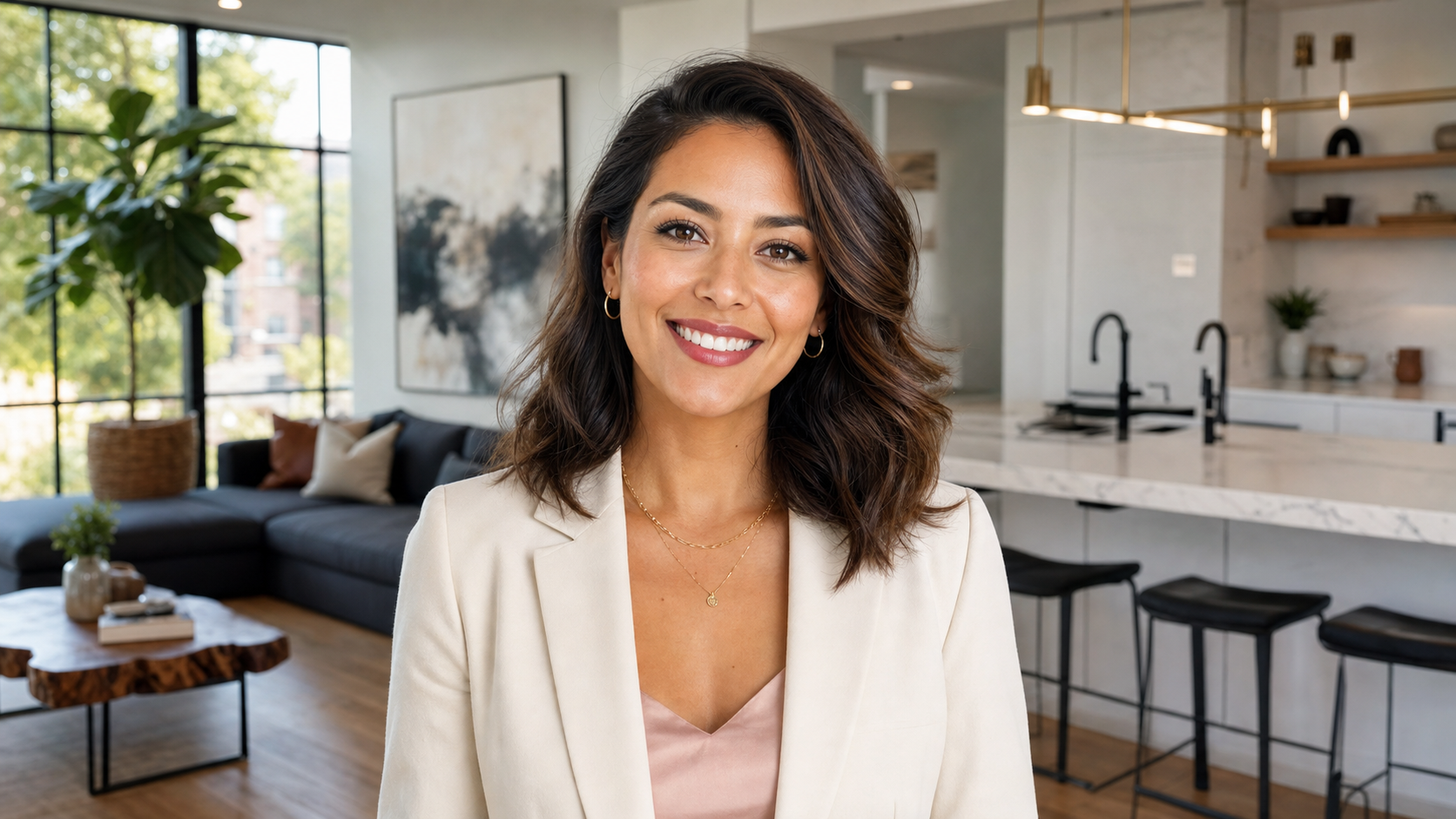 Close-up portrait of Tanya R., a stylish and warm event coordinator in her early 30s, smiling brightly with a softly blurred Lakeview townhome background featuring a modern kitchen and open living space.