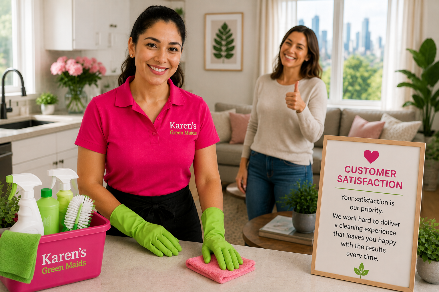 Happy Karen’s Green Maids cleaning professional in a hot pink uniform with a satisfied customer in a spotless modern Chicago home, representing reliable residential cleaning services and a commitment to customer satisfaction.