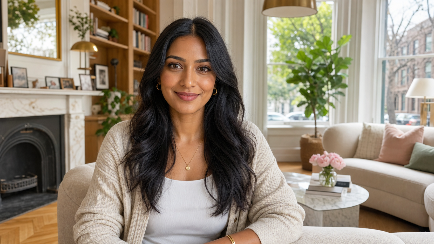 Close-up portrait of Priya D., a warm and composed pharmacist in her early 30s, smiling gently with a softly blurred Hyde Park Chicago greystone home background featuring bay windows and classic crown molding.