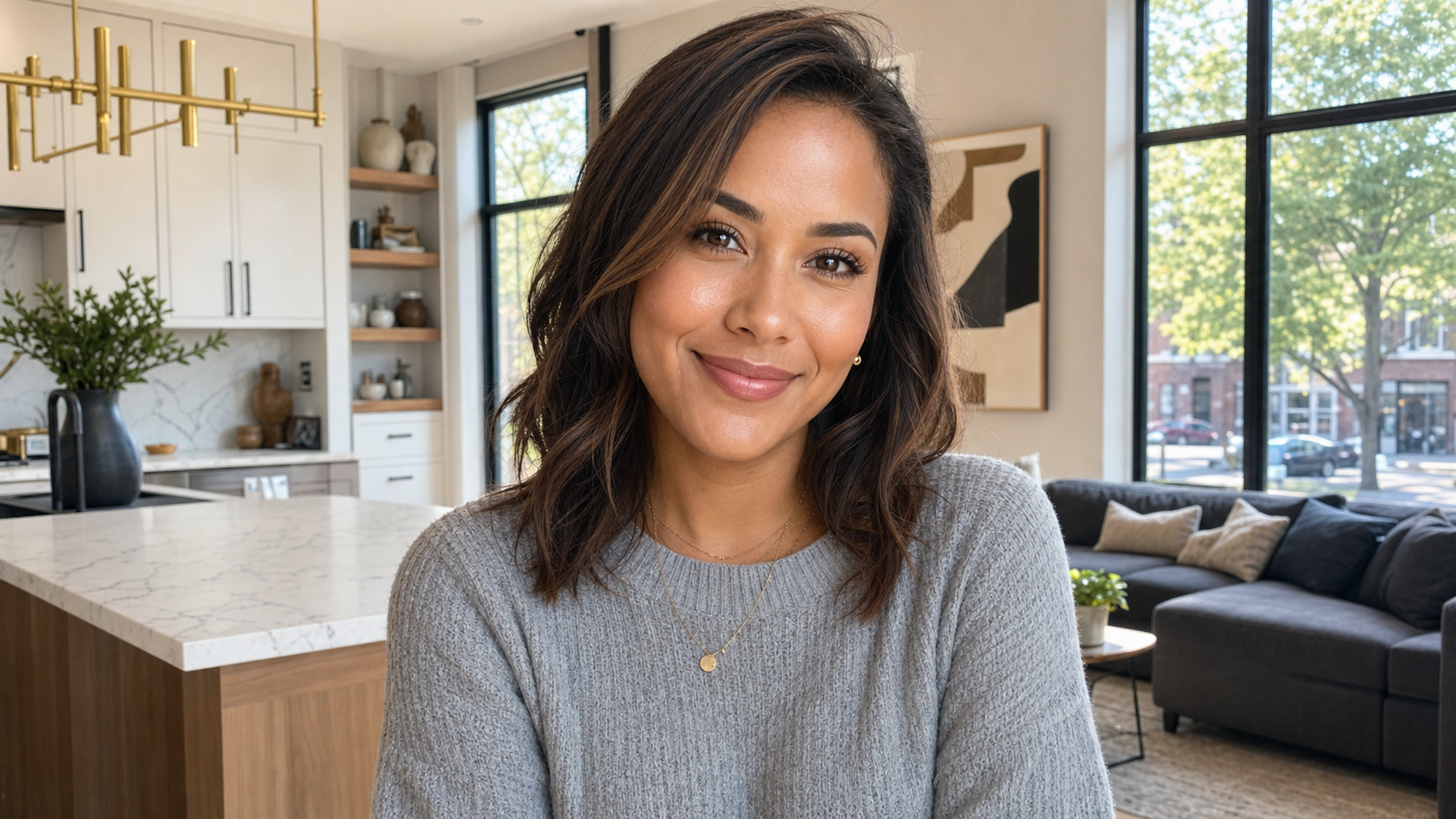 Close-up portrait of Maya R., a warm and composed registered nurse in her early 30s, smiling gently with a softly blurred Lakeview Chicago townhome background featuring warm oak floors and industrial windows.