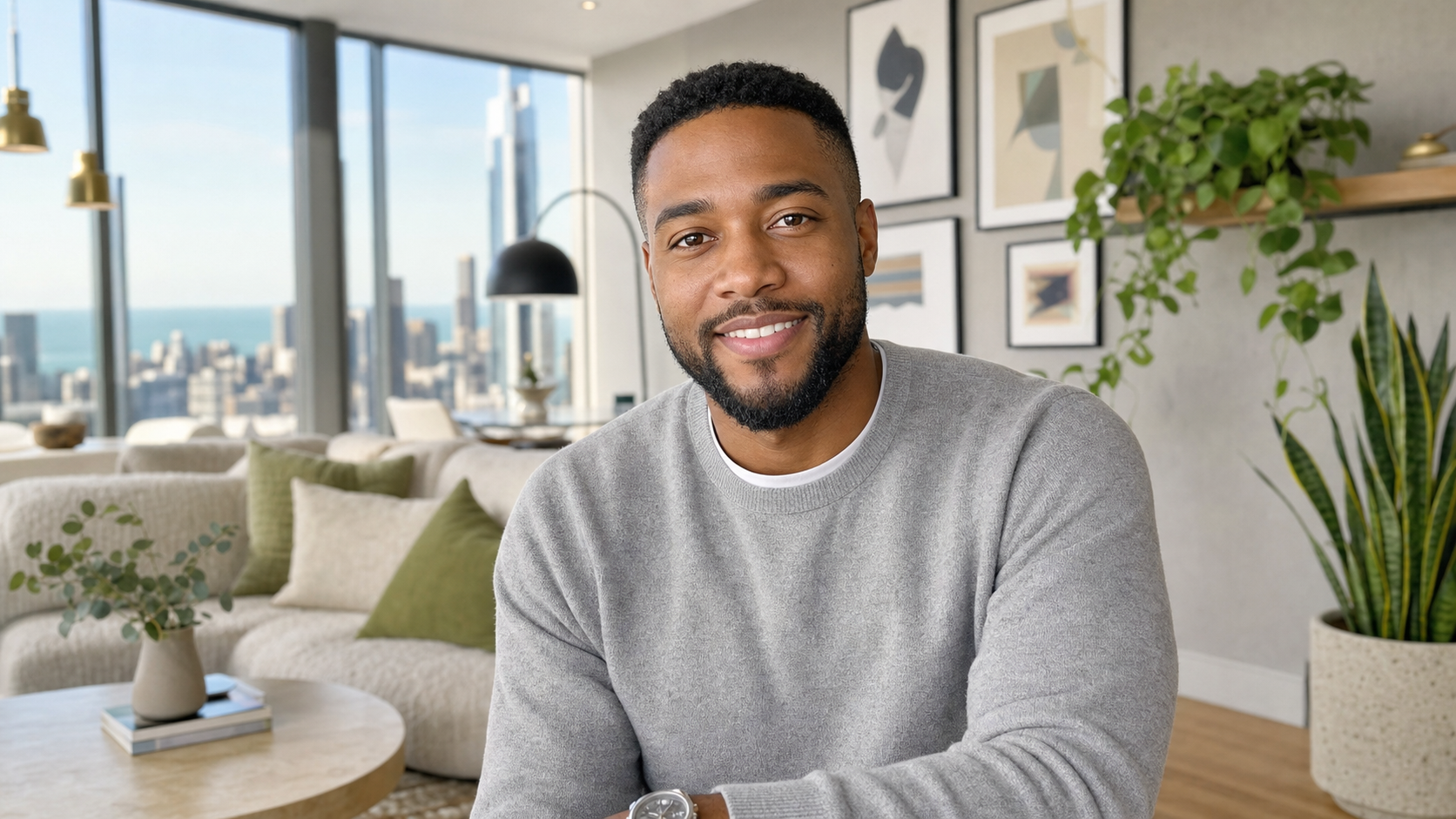 Close-up portrait of Andre R., a warm and composed registered nurse in his early 30s, smiling gently with a softly blurred South Loop Chicago high-rise condo background featuring neutral interiors and skyline views.