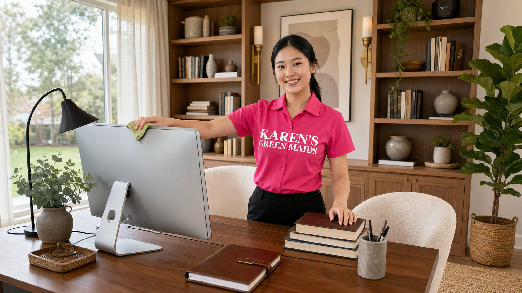 Young Asian cleaning professional in a hot pink KAREN'S GREEN MAIDS shirt facing the camera while dusting a home office monitor and organizing a curated walnut desk in a bright residential home office.