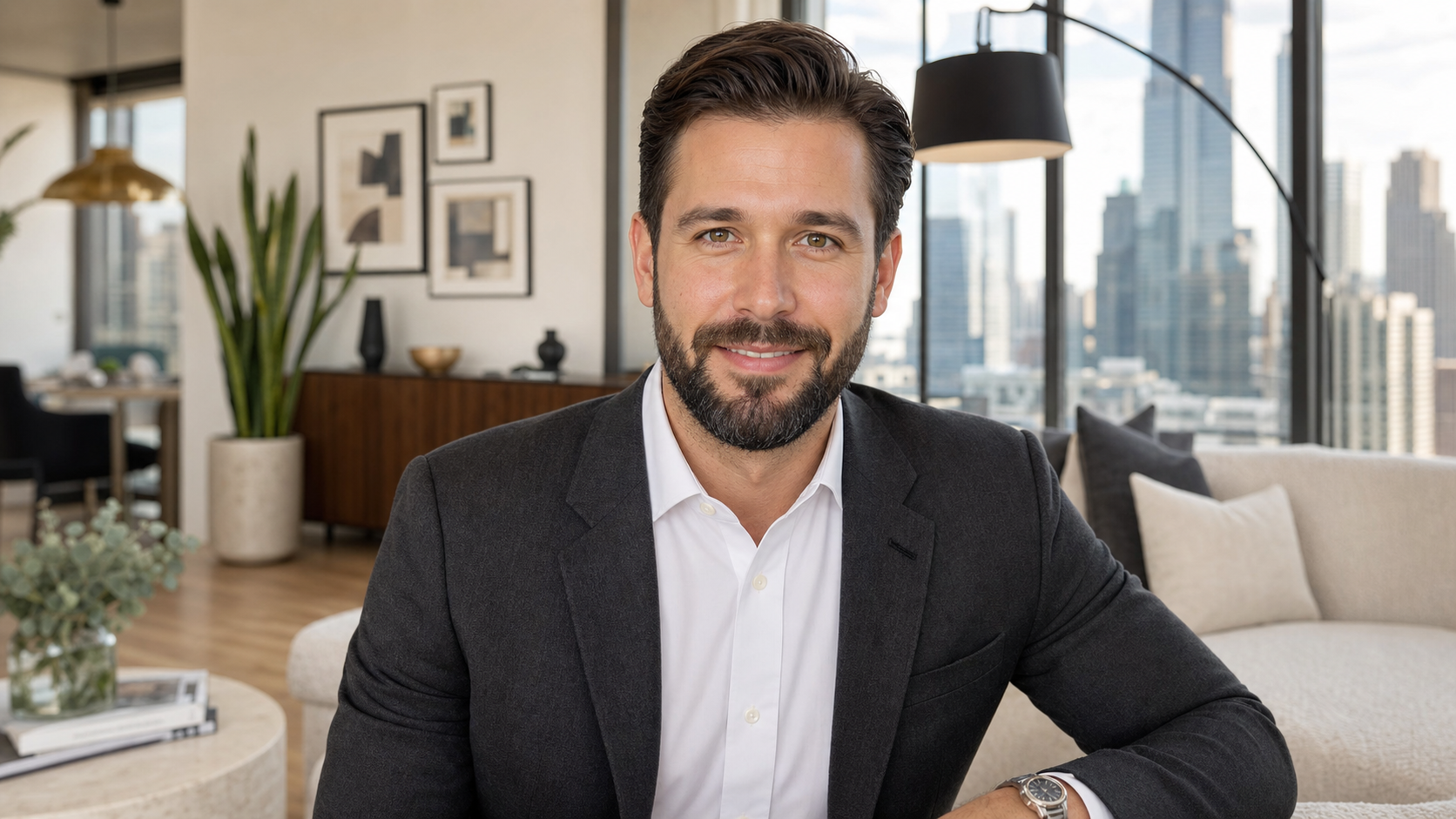 Close-up portrait of Evan P., a polished and confident corporate housing manager in his late 30s, smiling warmly with a softly blurred River North high-rise condo background featuring floor-to-ceiling windows and Chicago skyline views.