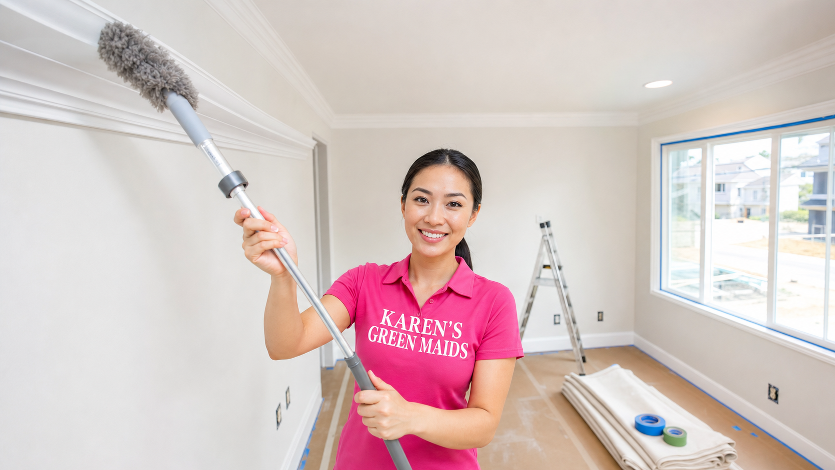 Young Asian cleaning professional in a hot pink KAREN'S GREEN MAIDS shirt facing the camera while using an extendable microfiber duster to clean fine construction dust off newly installed white crown molding in a freshly renovated residential room.