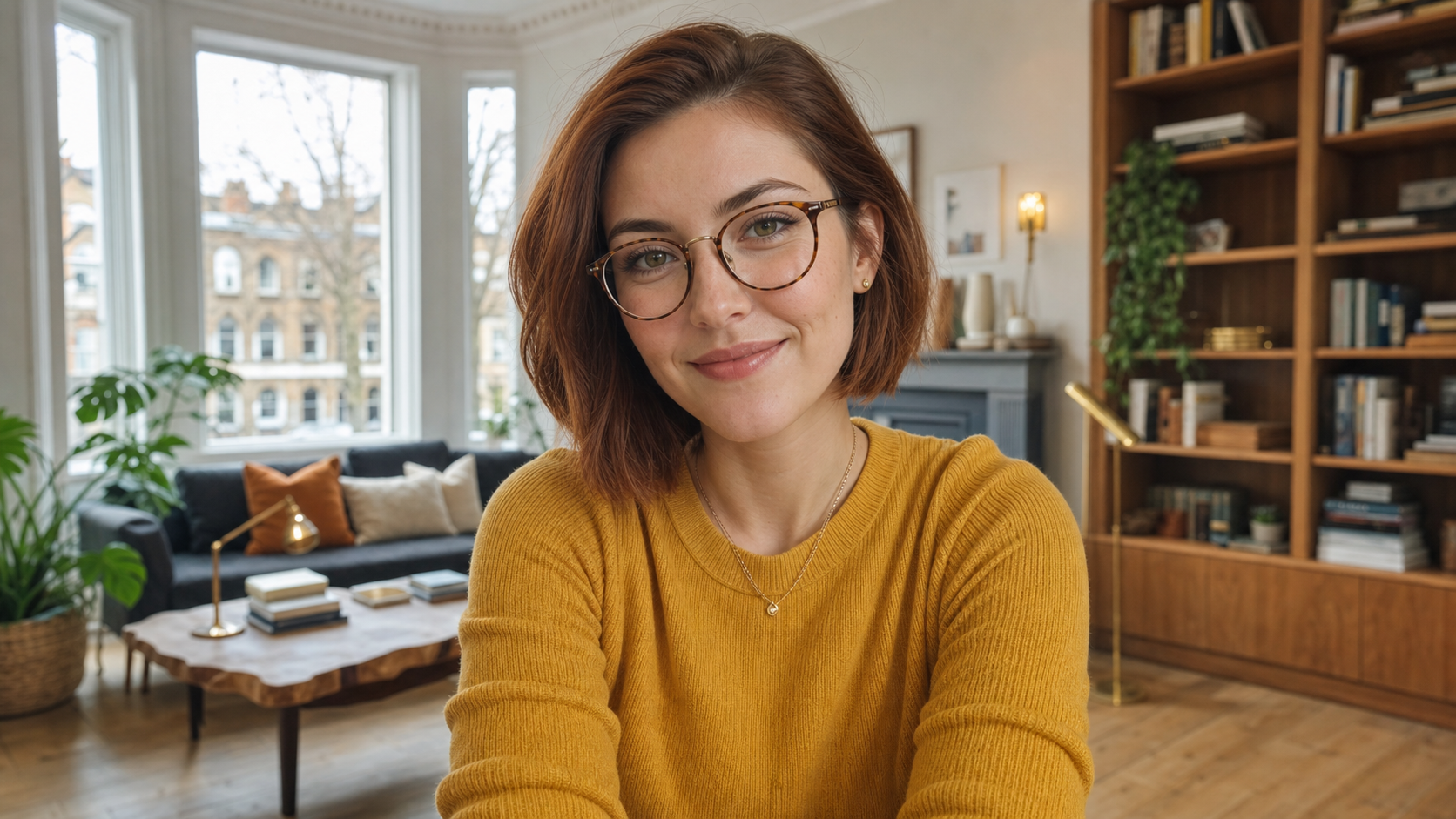 Close-up portrait of Amanda S., a warm and thoughtful graduate student in her mid-20s, smiling gently with a softly blurred Hyde Park apartment background featuring built-in bookshelves and vintage details.