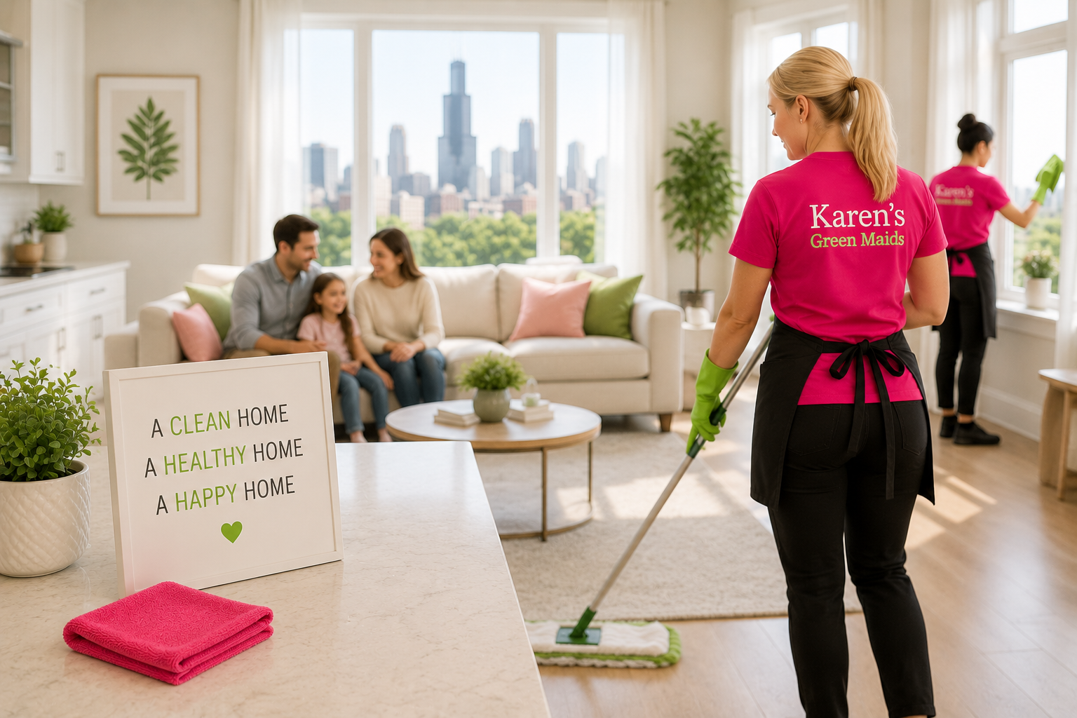 Bright, modern Chicago home with green cleaning supplies, a Karen’s Green Maids professional, and a happy family enjoying a clean, healthy living space that reflects the company’s mission of providing reliable residential cleaning services.