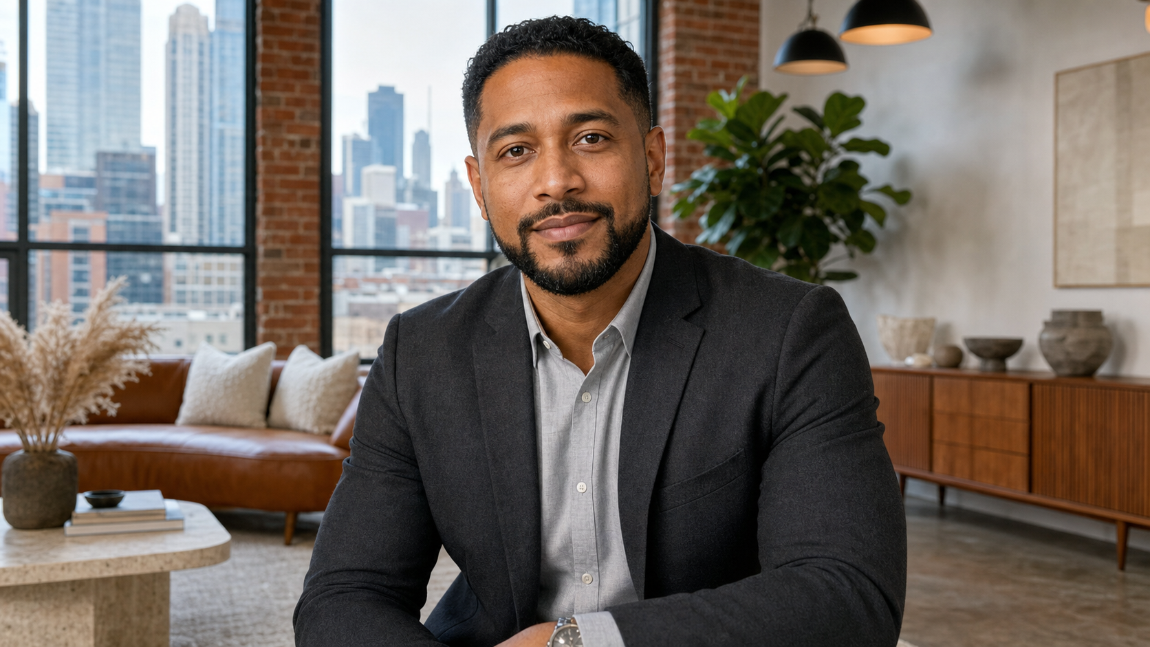 Close-up portrait of Marcus D., a confident and composed emergency doctor in his late 30s, smiling warmly with a softly blurred West Loop designer loft background featuring exposed brick and industrial windows.