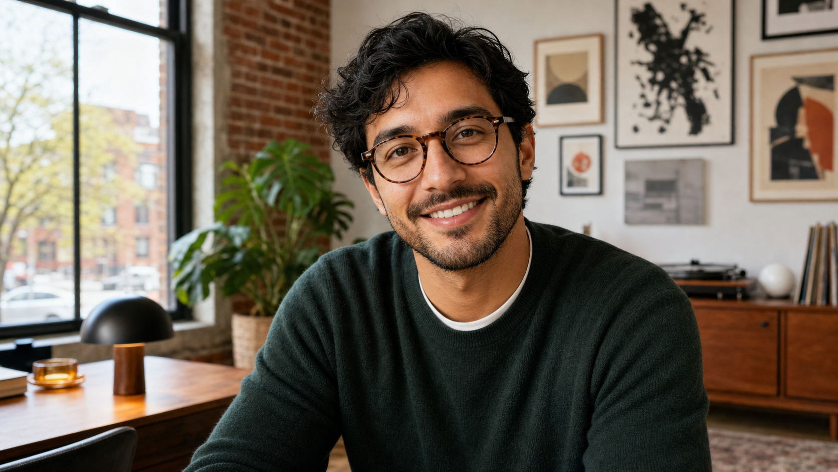 Close-up portrait of Anthony T., a friendly software engineer in his early 30s, smiling warmly with a softly blurred Logan Square creative apartment background featuring exposed brick and industrial windows.