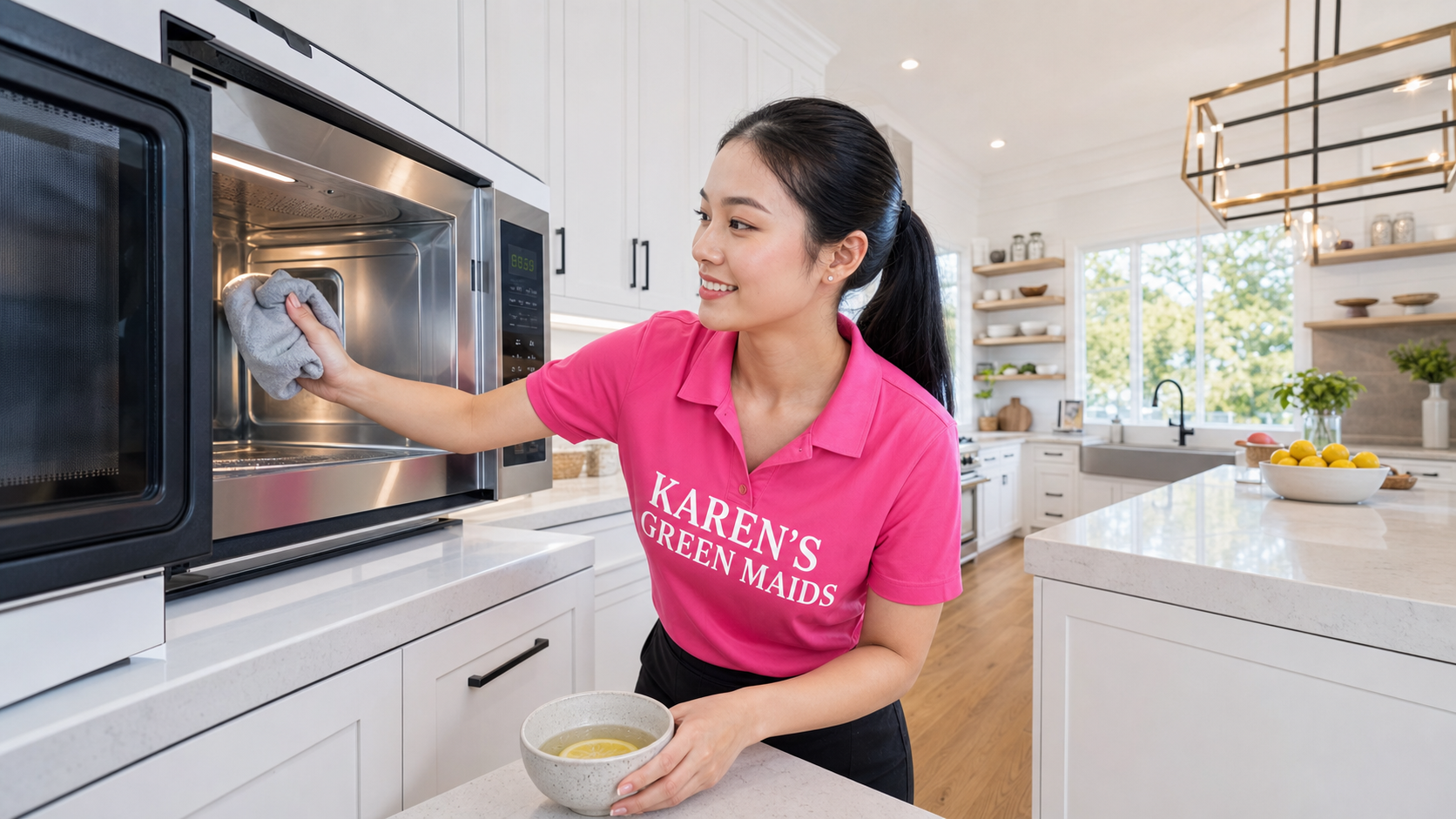Young Asian cleaning professional in a hot pink KAREN'S GREEN MAIDS shirt wiping the interior of a built-in stainless microwave with a microfiber cloth in a bright modern residential kitchen.