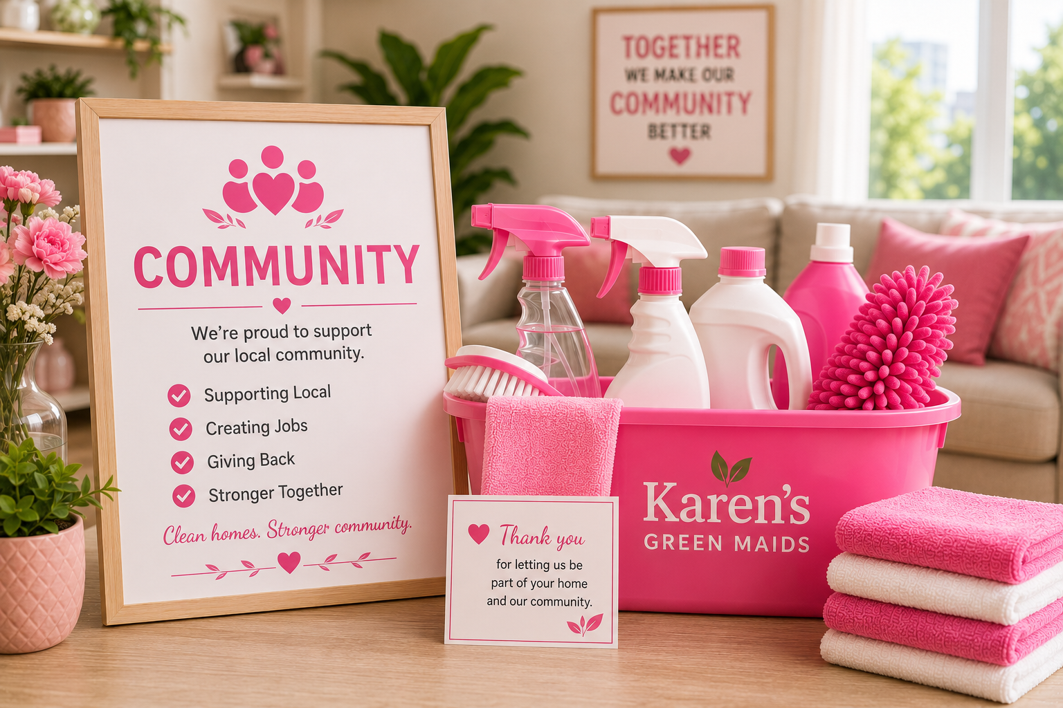 Green cleaning supplies arranged in a bright, modern home with a community-inspired display, representing Karen’s Green Maids’ commitment to supporting local neighborhoods and providing trusted residential cleaning services throughout Chicago.