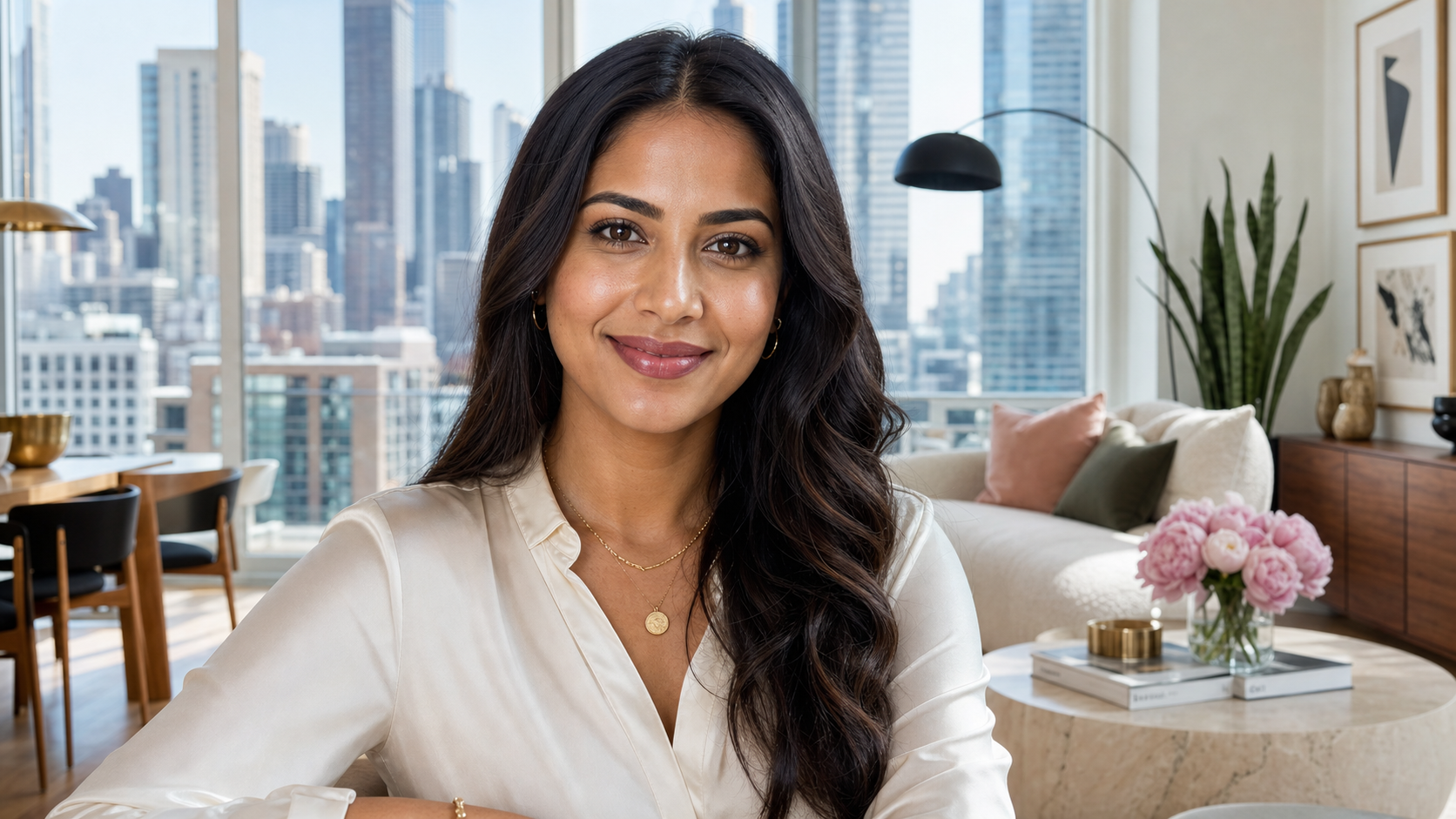 Close-up portrait of Priya K., a polished and confident software product manager in her early 30s, smiling warmly with a softly blurred River North high-rise condo background featuring floor-to-ceiling windows and Chicago skyline views.