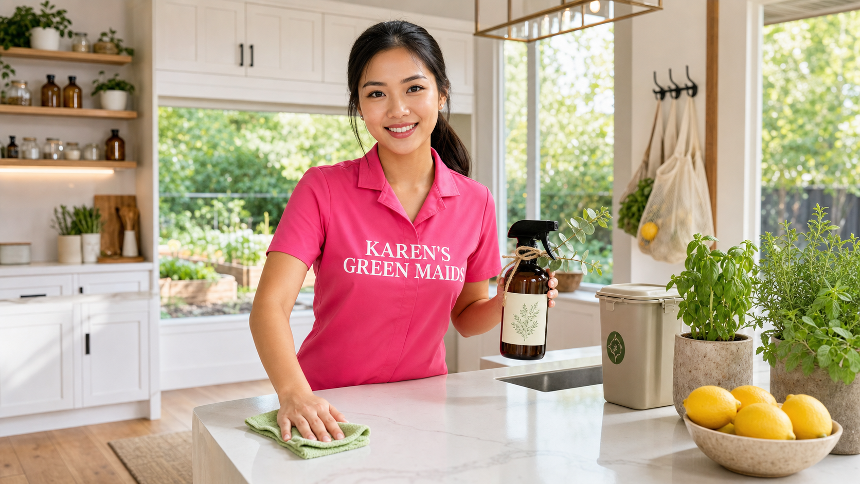 Young Asian cleaning professional in a hot pink KAREN'S GREEN MAIDS shirt facing the camera while wiping a quartz countertop with a bamboo microfiber cloth and a plant-based eco cleaner in an amber glass spray bottle in a bright residential kitchen.