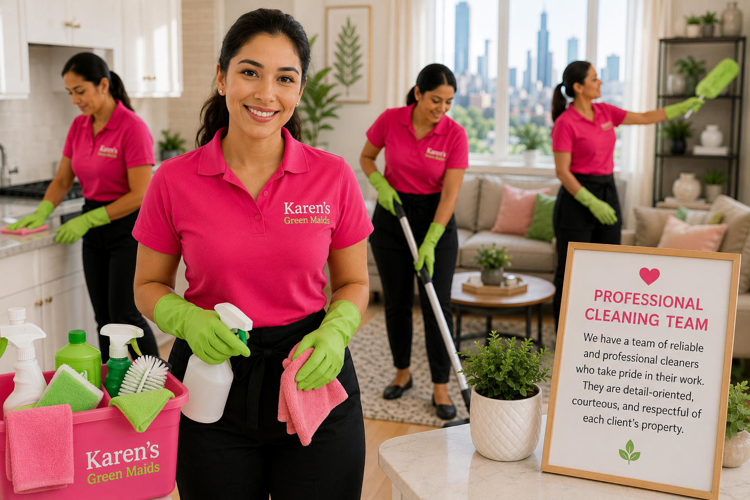 Professional Karen’s Green Maids cleaning team wearing hot pink uniforms while providing detailed residential cleaning services in a bright, modern Chicago home with professionalism, care, and attention to detail.