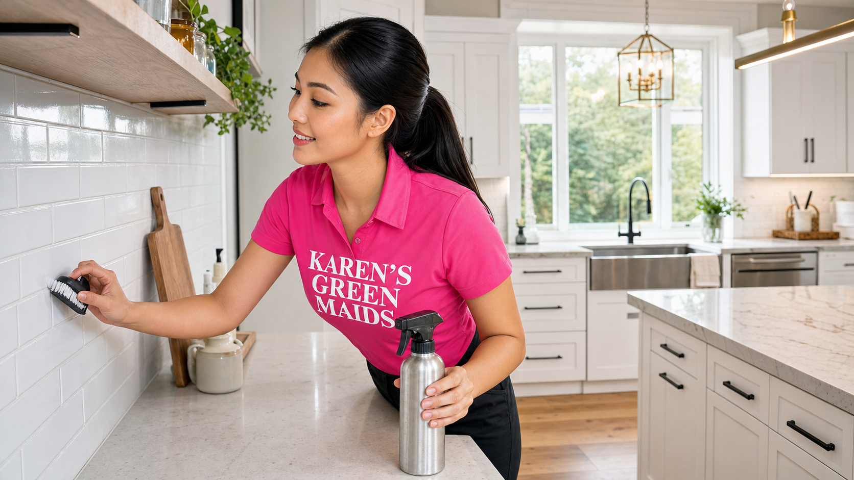 Young Asian cleaning professional in a hot pink KAREN'S GREEN MAIDS shirt scrubbing grout between subway backsplash tiles with a detail brush in a bright residential kitchen.