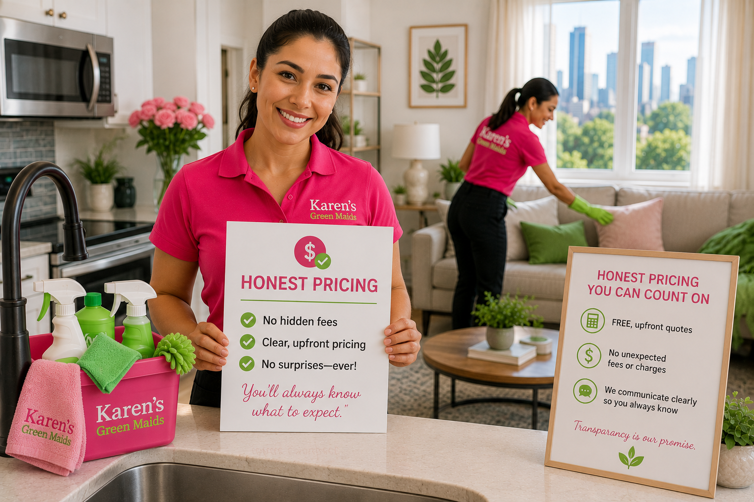 Karen’s Green Maids cleaning professional explaining transparent, upfront pricing in a bright modern home, highlighting honest residential cleaning services with no hidden fees or unexpected charges in Chicago.