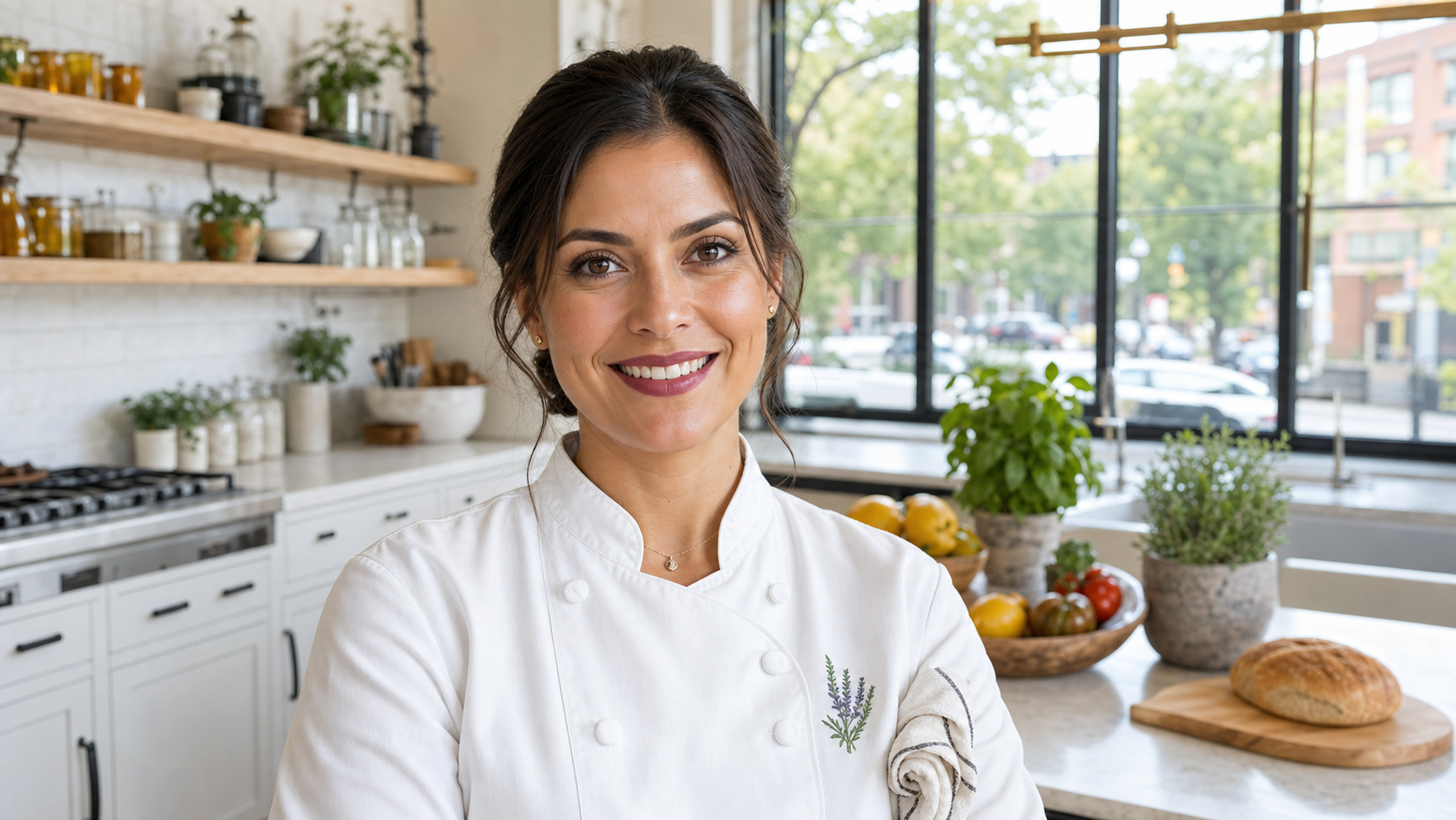 Close-up portrait of Monica M., a confident and warm head chef in her mid-30s, smiling brightly with a softly blurred Wicker Park Chicago modern kitchen background featuring white shaker cabinetry and a quartz island.
