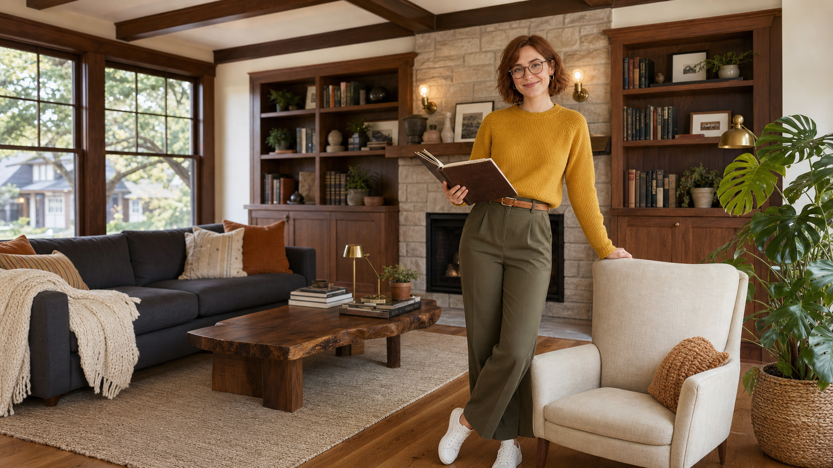 Danielle R., a stylish and creative UX designer in her late 20s, smiling in her tidy Ravenswood craftsman home with a curated modern-cozy living room and built-in oak bookshelves.