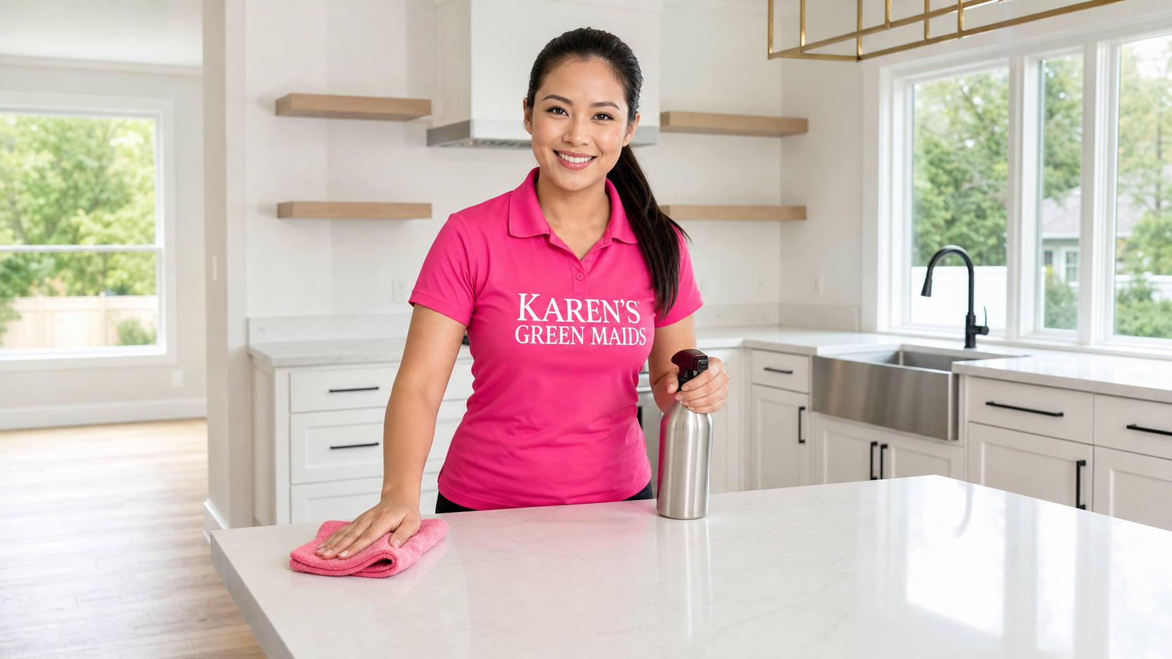 Young Asian cleaning professional in a hot pink KAREN'S GREEN MAIDS shirt facing the camera while wiping down empty white quartz countertops with a microfiber cloth in a bright freshly prepared move-in kitchen.