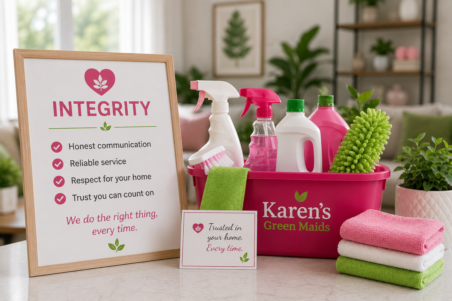 Green cleaning supplies arranged in a bright, modern home, representing Karen’s Green Maids’ commitment to integrity, honest communication, reliable residential cleaning services, and respect for every customer’s home.