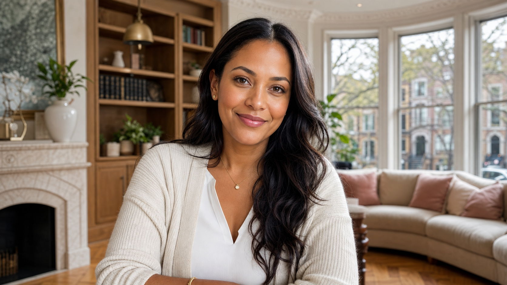 Close-up portrait of Angela P., a warm and composed registered nurse in her early 30s, smiling gently with a softly blurred Hyde Park greystone home background featuring bay windows and classic crown molding.