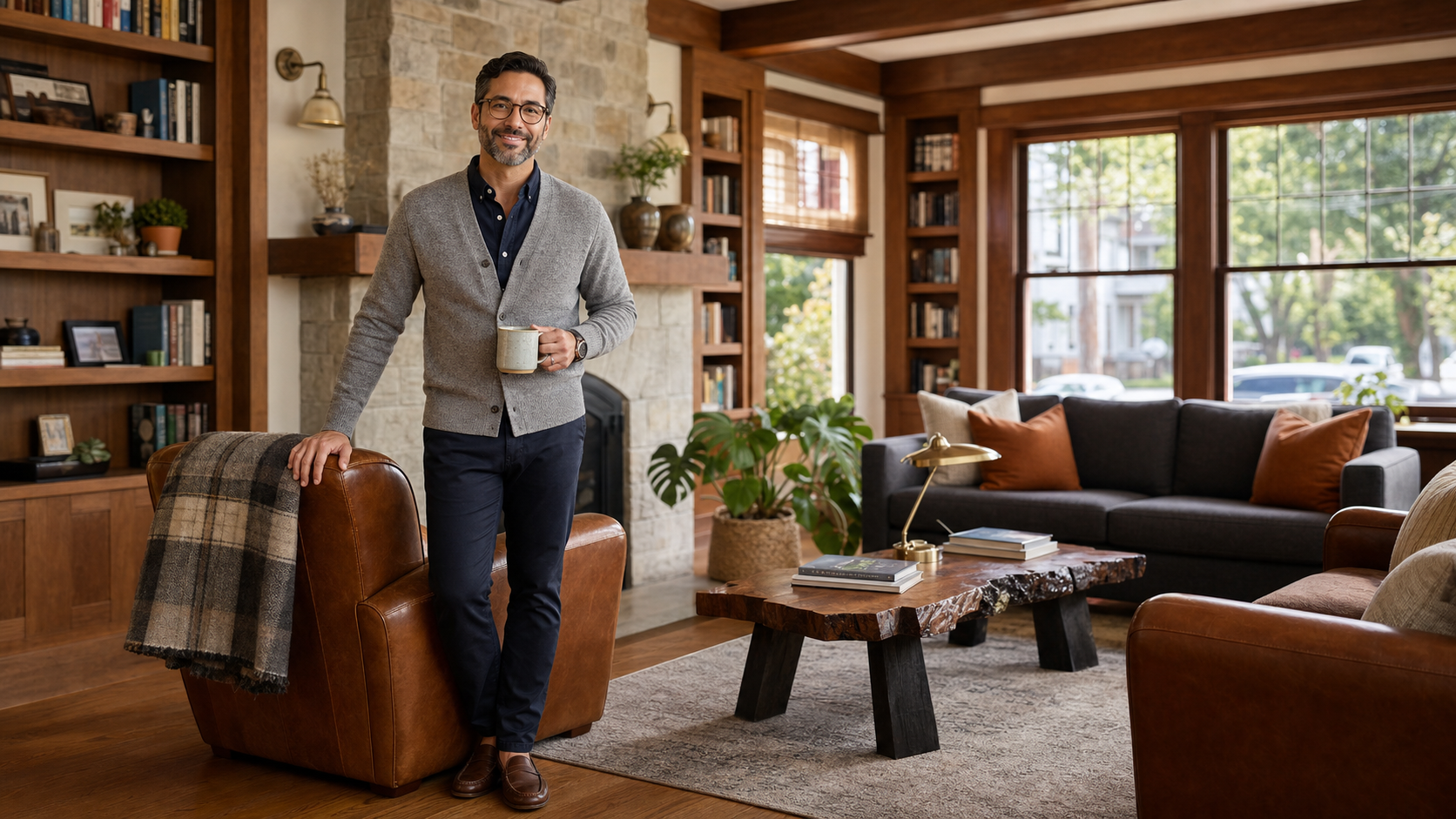 Robert G., a warm and approachable high school counselor in his early 40s, smiling in his tidy Lincoln Square bungalow with a cozy craftsman-style living room and built-in bookshelves.