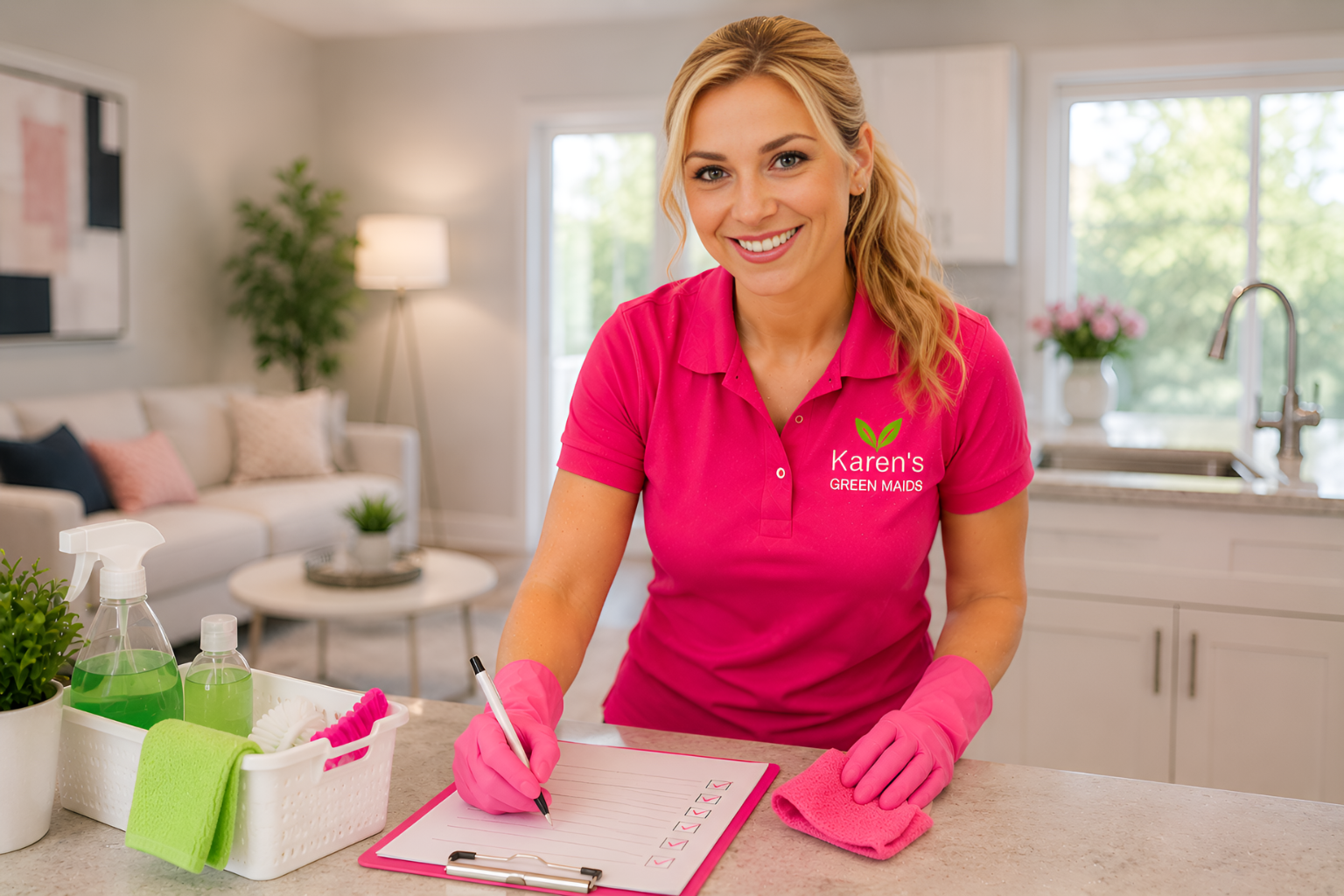 Friendly Karen’s Green Maids cleaning professional assisting homeowners in a bright, modern Chicago home, representing helpful answers, trusted customer support, and professional residential cleaning services.