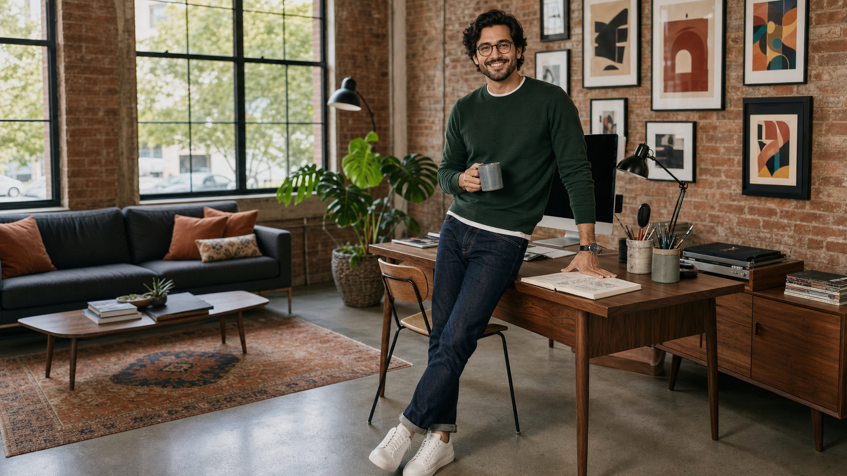 Enrico R., a stylish graphic artist in his early 30s, smiling in his freshly deep-cleaned Logan Square apartment with a curated creative workspace, art prints, and exposed brick walls.